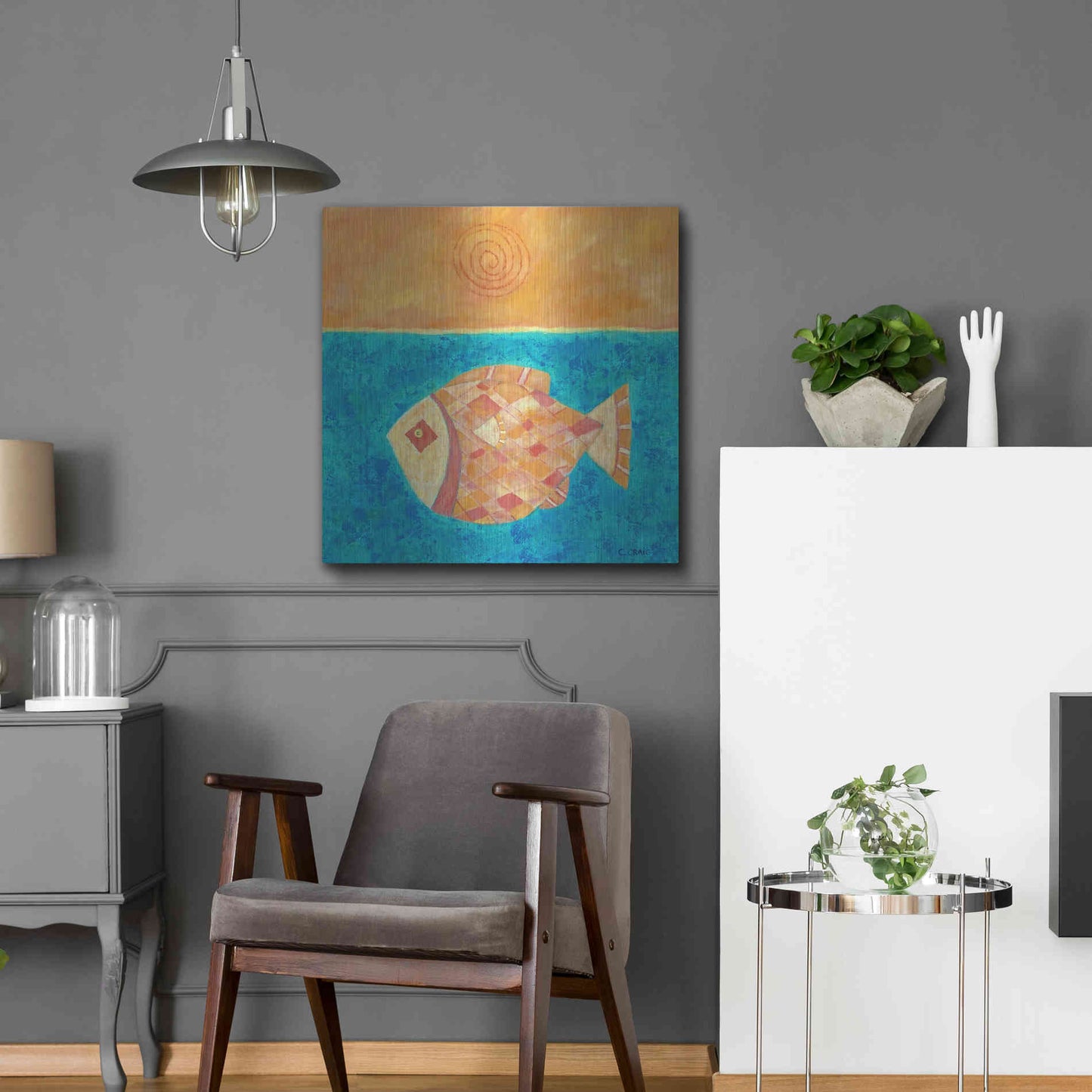 Luxe Metal Art 'Fish with Spiral Sun by Casey Craig Metal Wall Art,24x24
