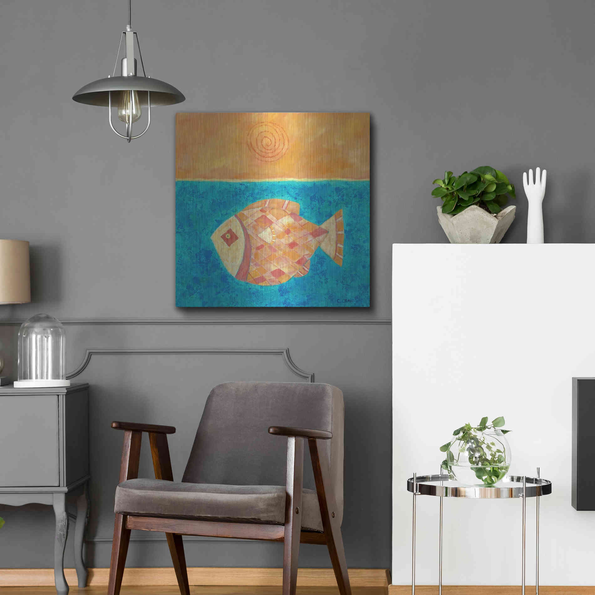 Luxe Metal Art 'Fish with Spiral Sun by Casey Craig Metal Wall Art,24x24