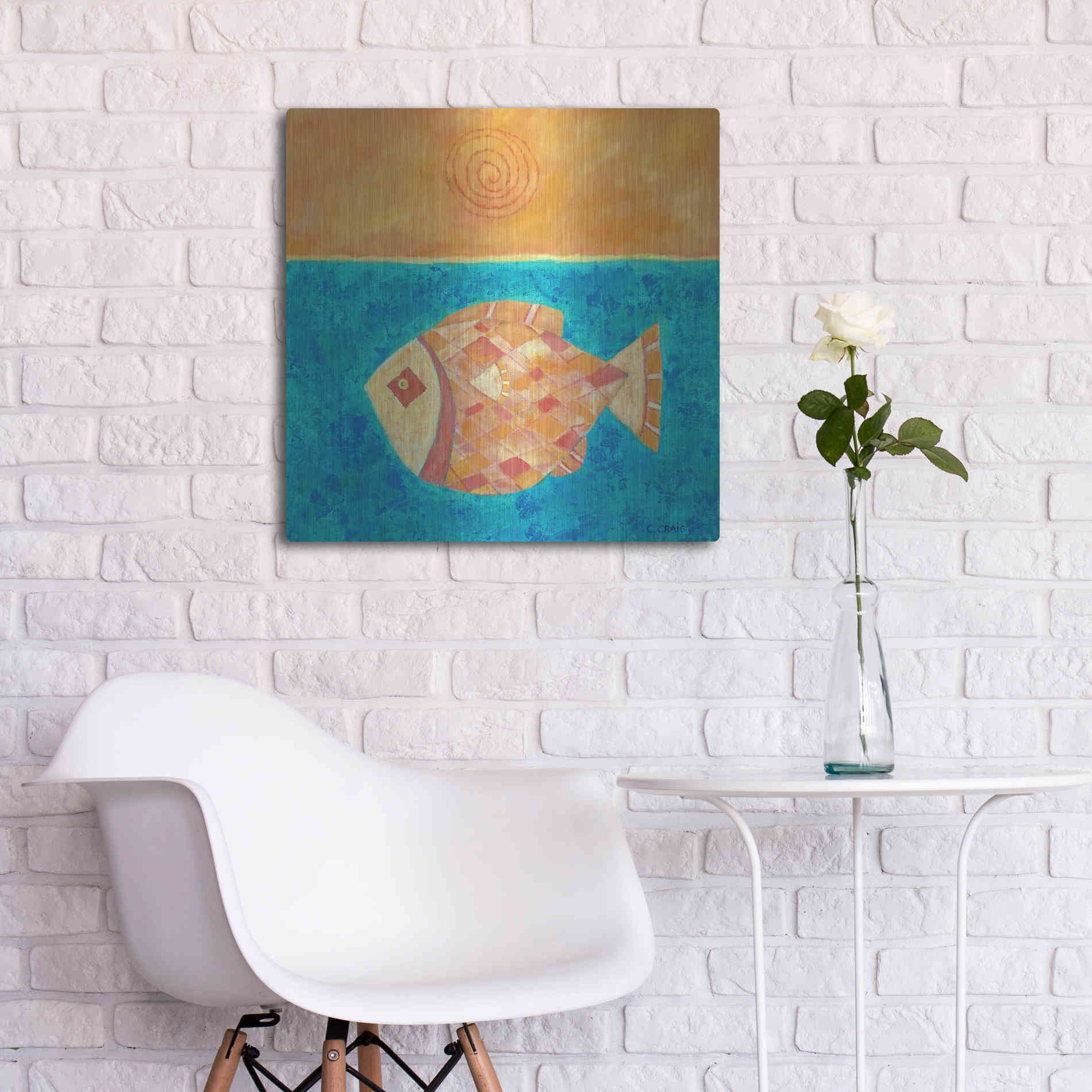 Luxe Metal Art 'Fish with Spiral Sun by Casey Craig Metal Wall Art,24x24