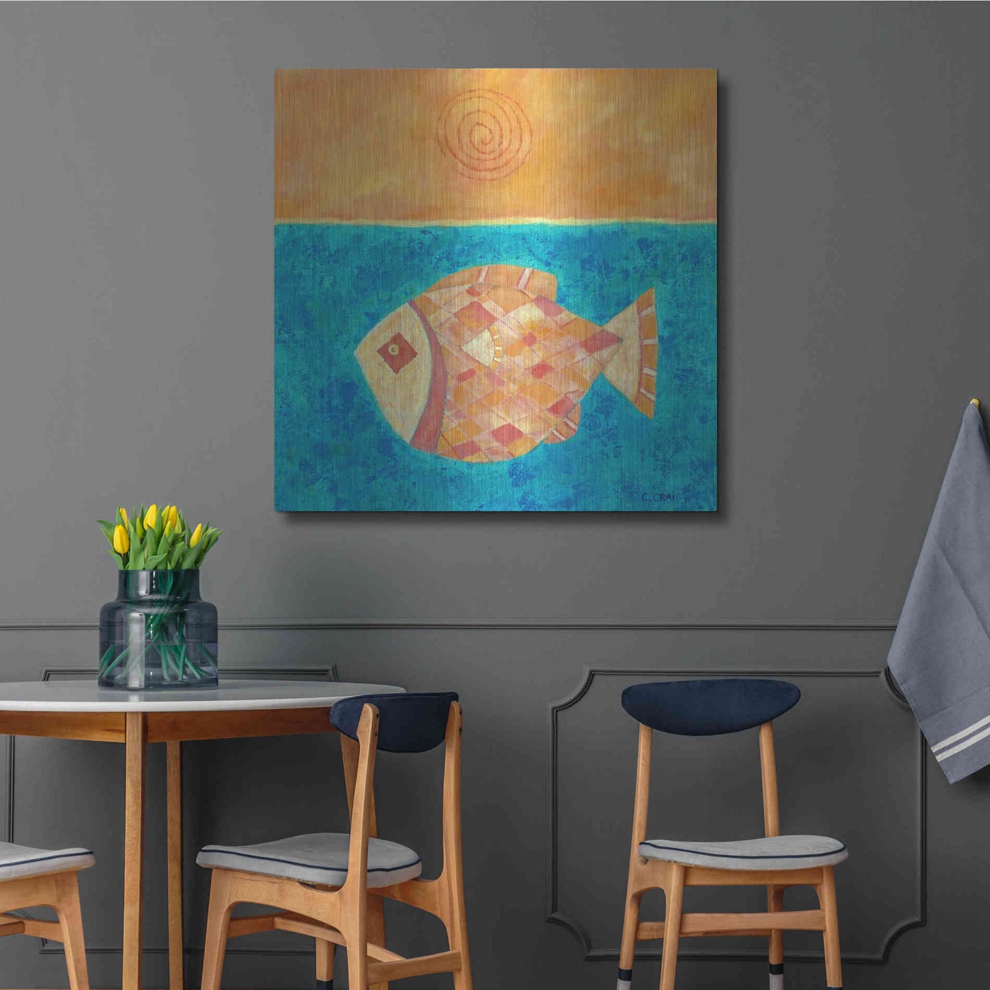 Luxe Metal Art 'Fish with Spiral Sun by Casey Craig Metal Wall Art,36x36