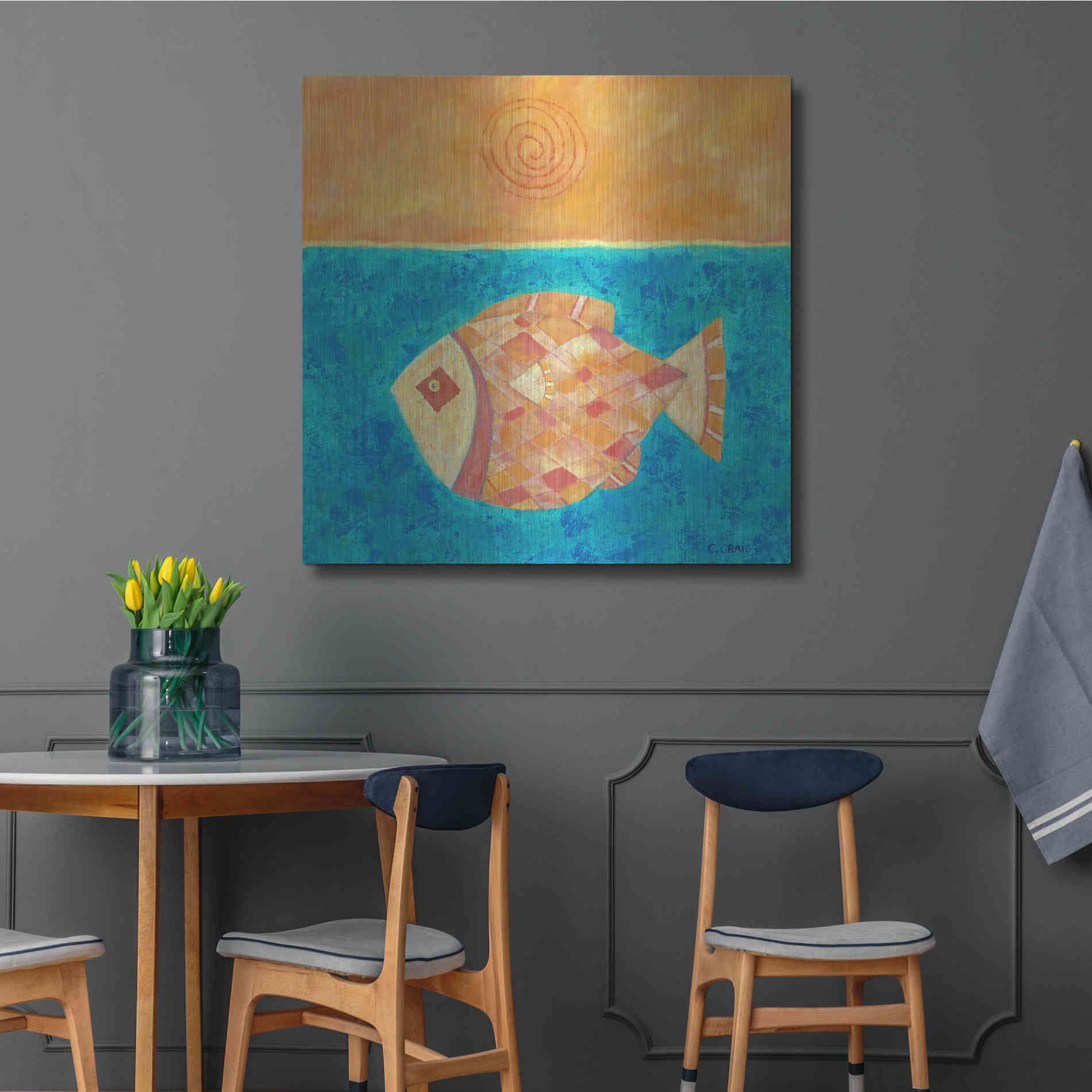 Luxe Metal Art 'Fish with Spiral Sun by Casey Craig Metal Wall Art,36x36