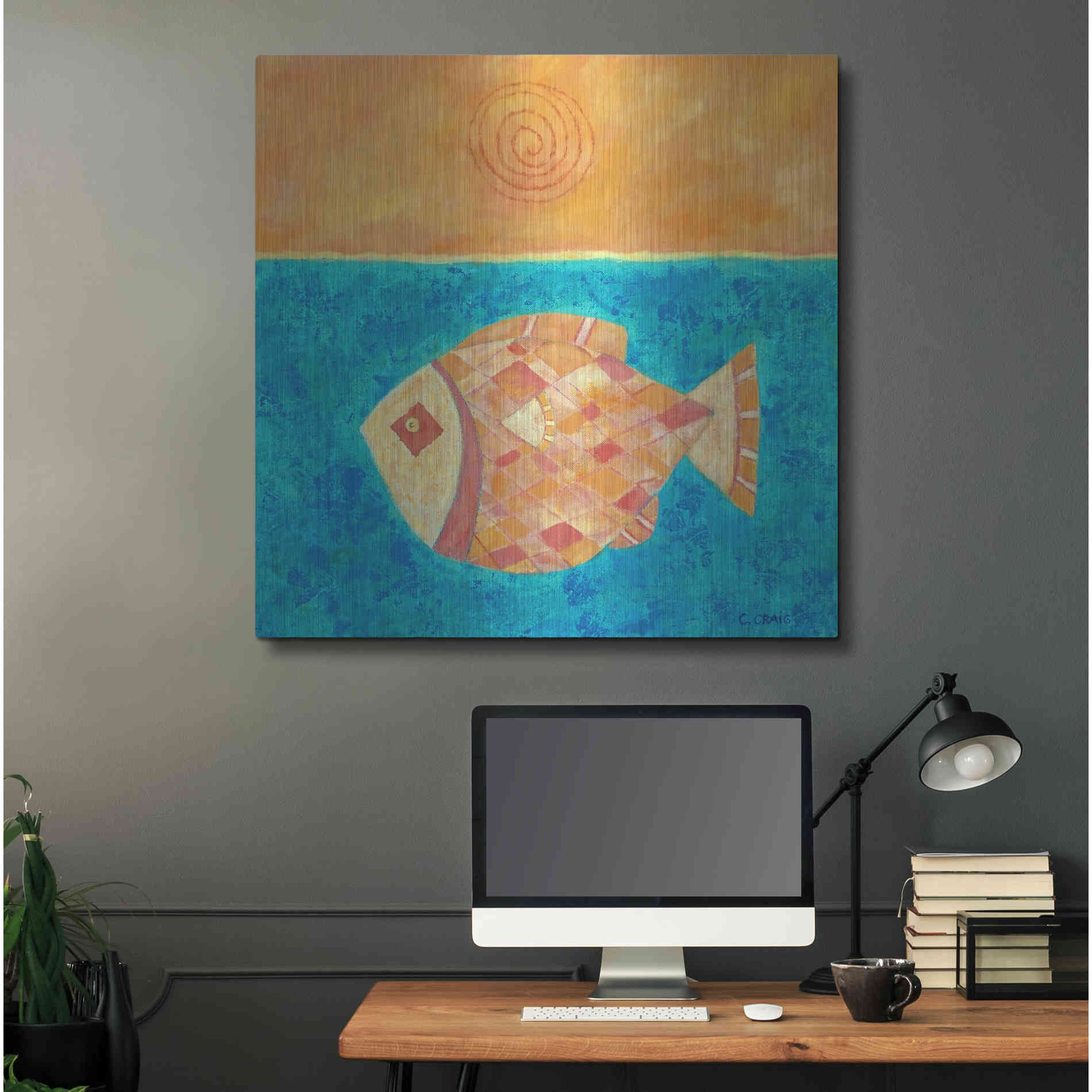 Luxe Metal Art 'Fish with Spiral Sun by Casey Craig Metal Wall Art,36x36
