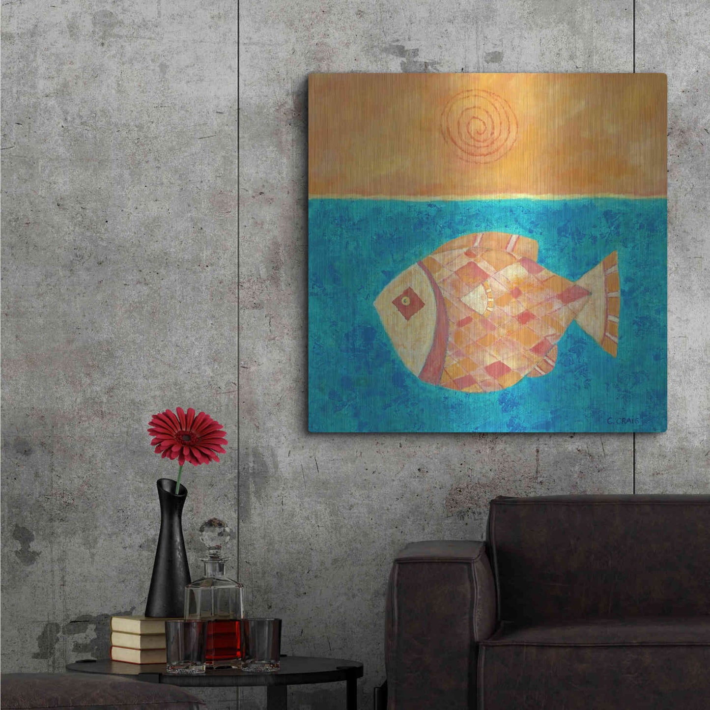 Luxe Metal Art 'Fish with Spiral Sun by Casey Craig Metal Wall Art,36x36