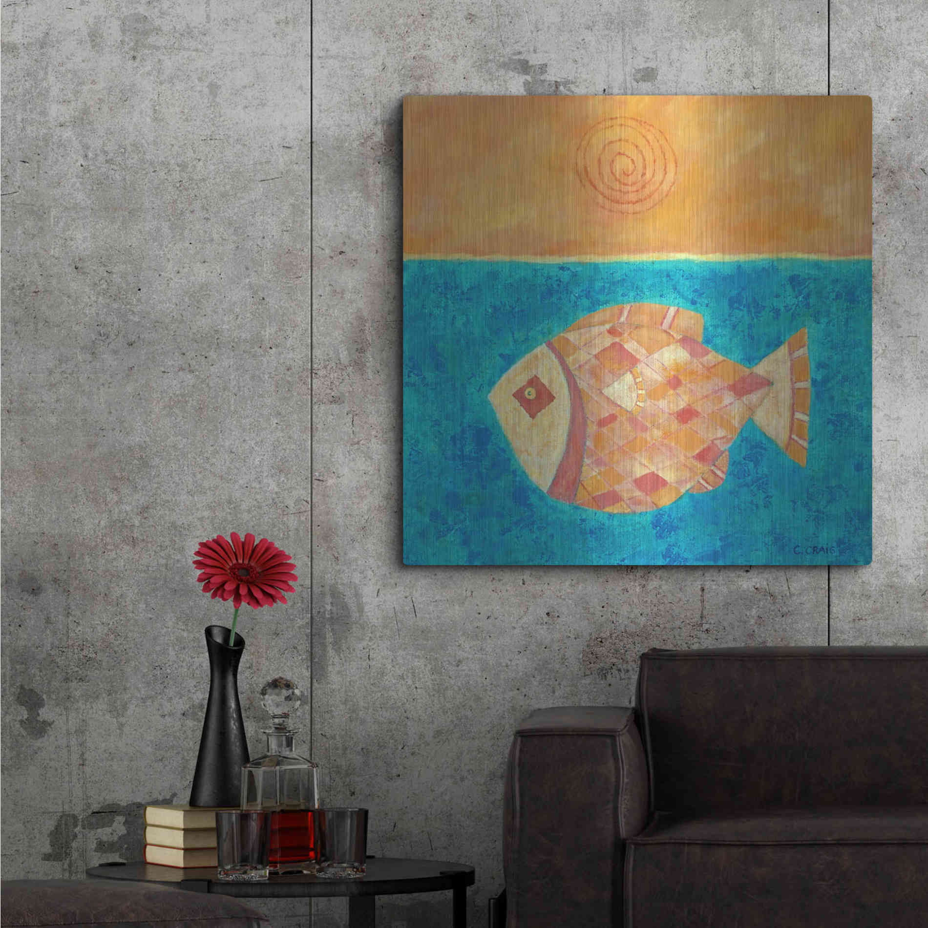 Luxe Metal Art 'Fish with Spiral Sun by Casey Craig Metal Wall Art,36x36