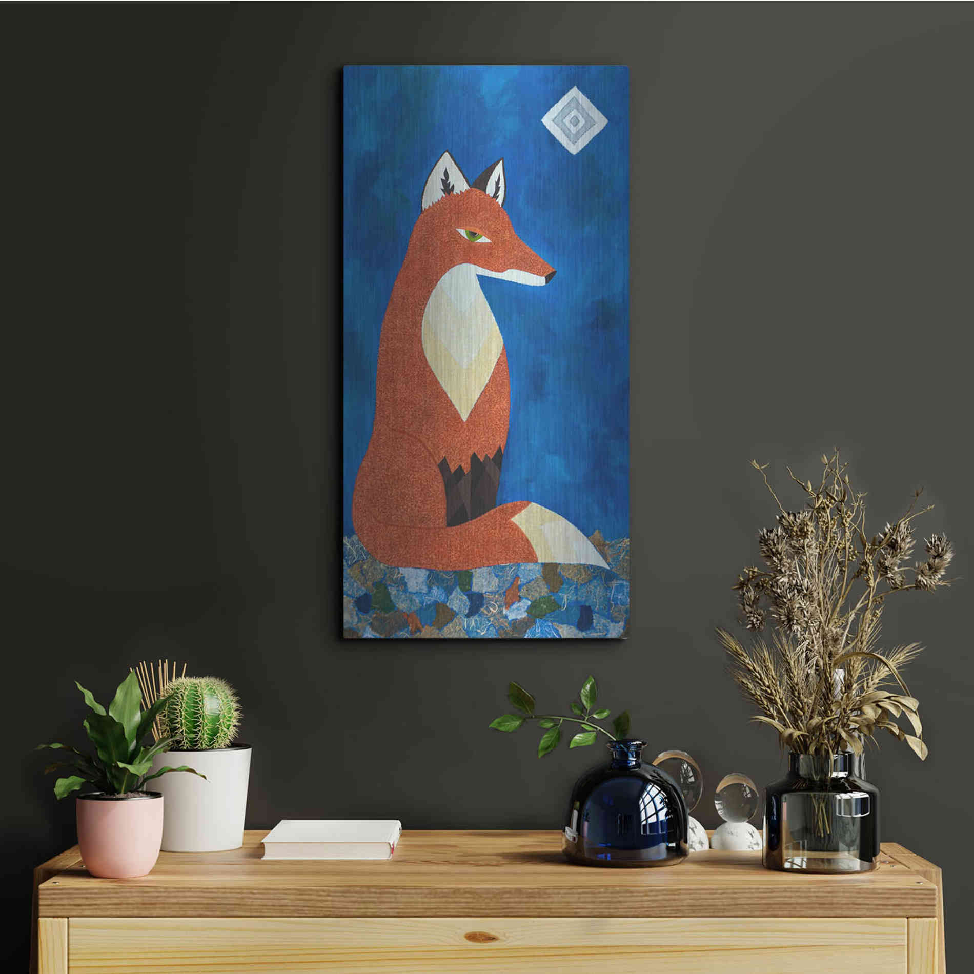 Luxe Metal Art 'Fox Under Diamond Moon by Casey Craig Metal Wall Art,12x24