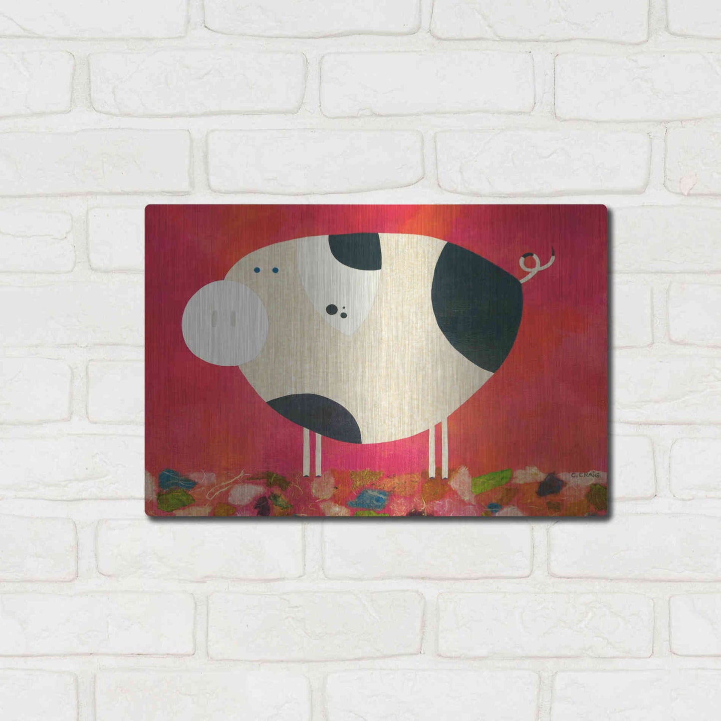 Luxe Metal Art 'Pig Newton Reverse by Casey Craig Metal Wall Art,16x12