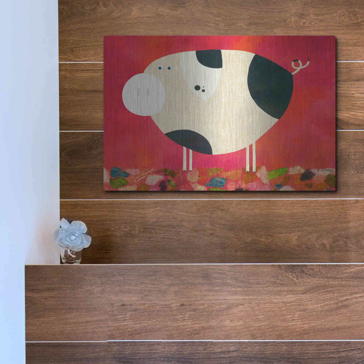 Luxe Metal Art 'Pig Newton Reverse by Casey Craig Metal Wall Art,16x12