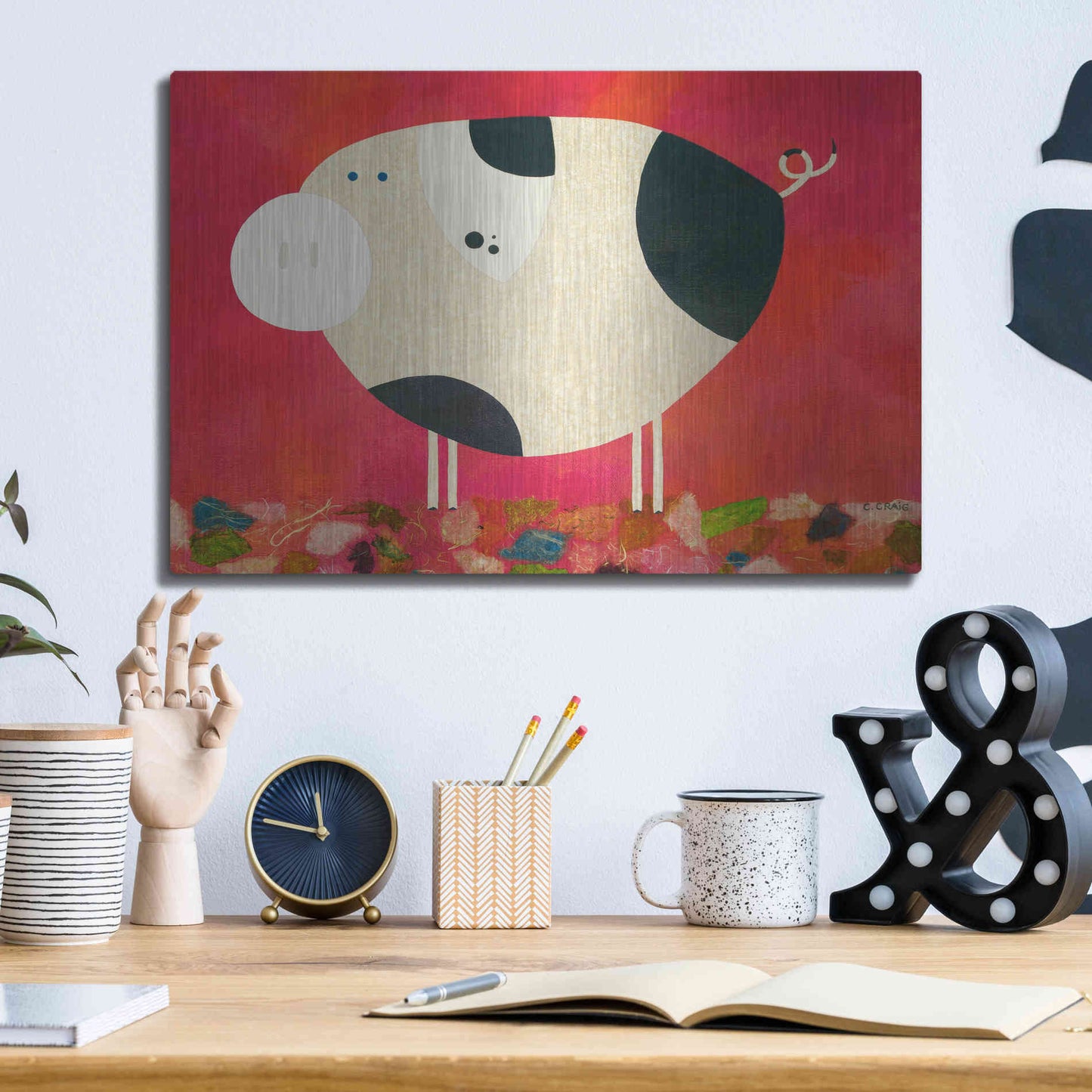 Luxe Metal Art 'Pig Newton Reverse by Casey Craig Metal Wall Art,16x12