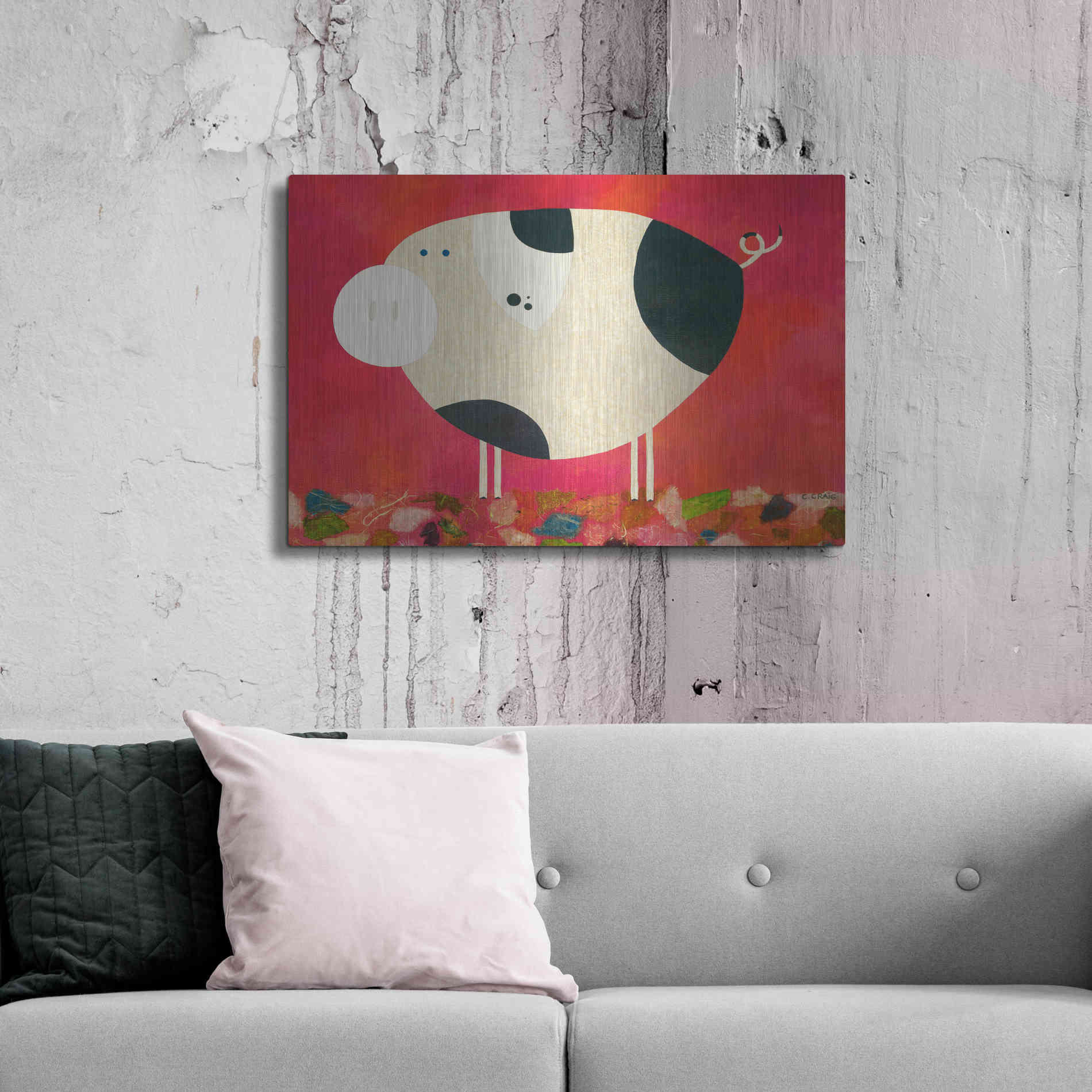 Luxe Metal Art 'Pig Newton Reverse by Casey Craig Metal Wall Art,36x24