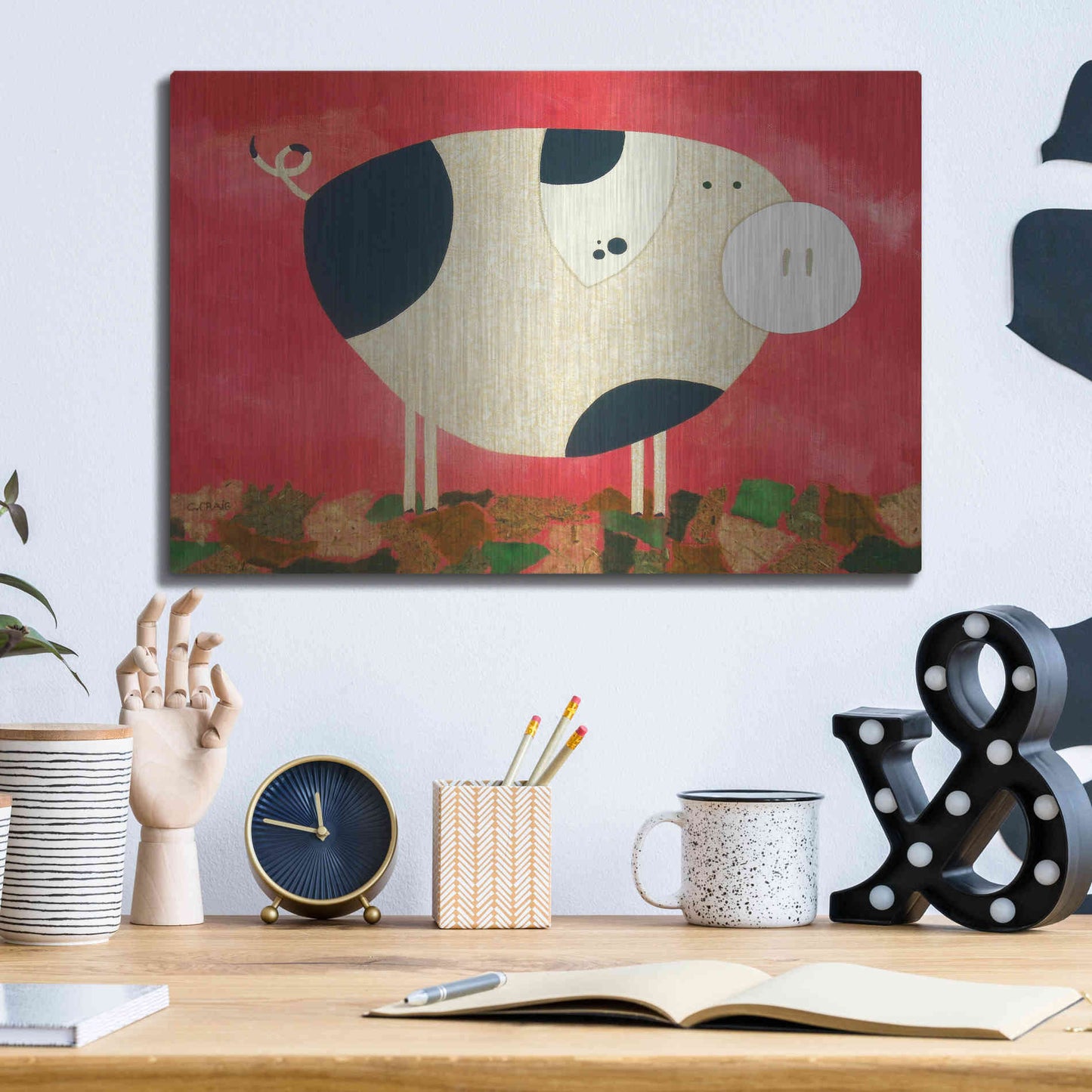 Luxe Metal Art 'Pig Newton by Casey Craig Metal Wall Art,16x12