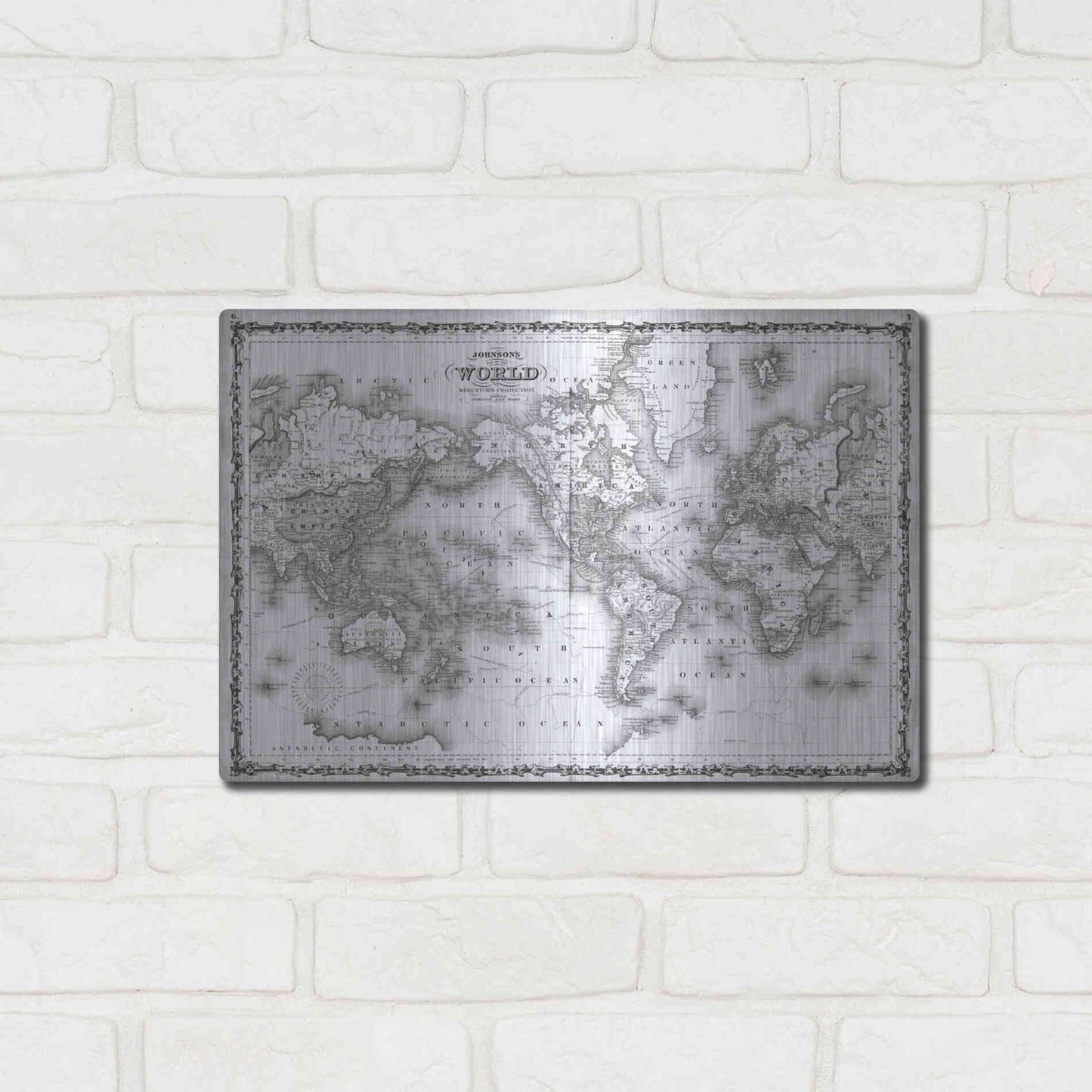 Luxe Metal Art 'Johnson's Map of the World' by Johnson, Metal Wall Art,16x12