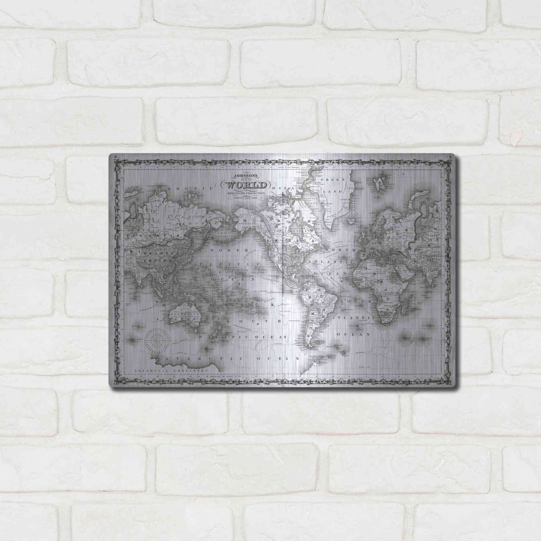 Luxe Metal Art 'Johnson's Map of the World' by Johnson, Metal Wall Art,16x12