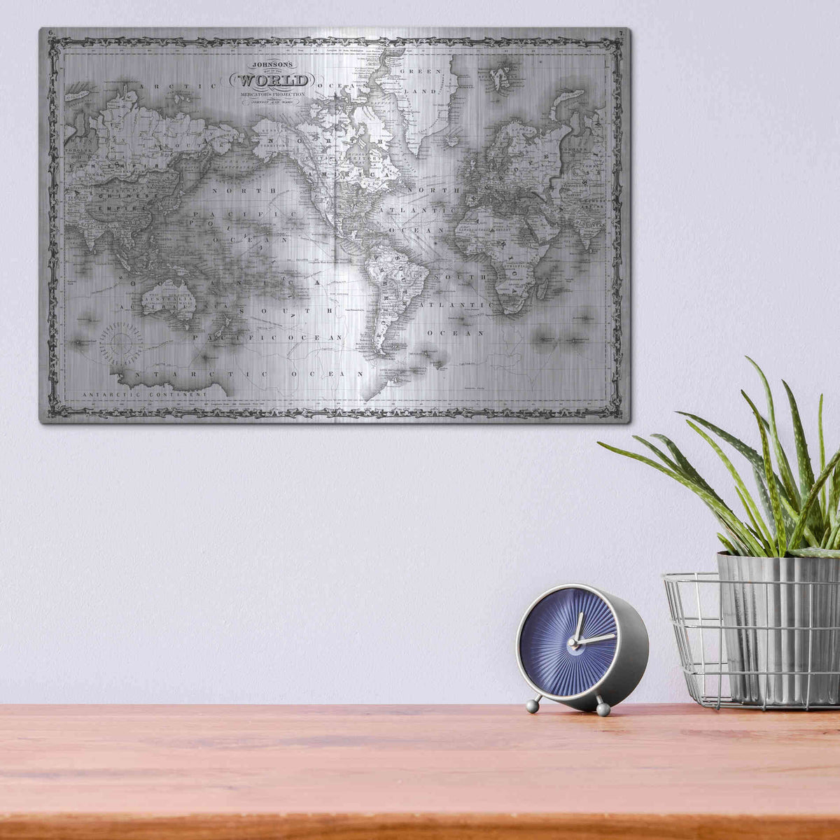 Luxe Metal Art 'Johnson's Map of the World' by Johnson, Metal Wall Art,16x12