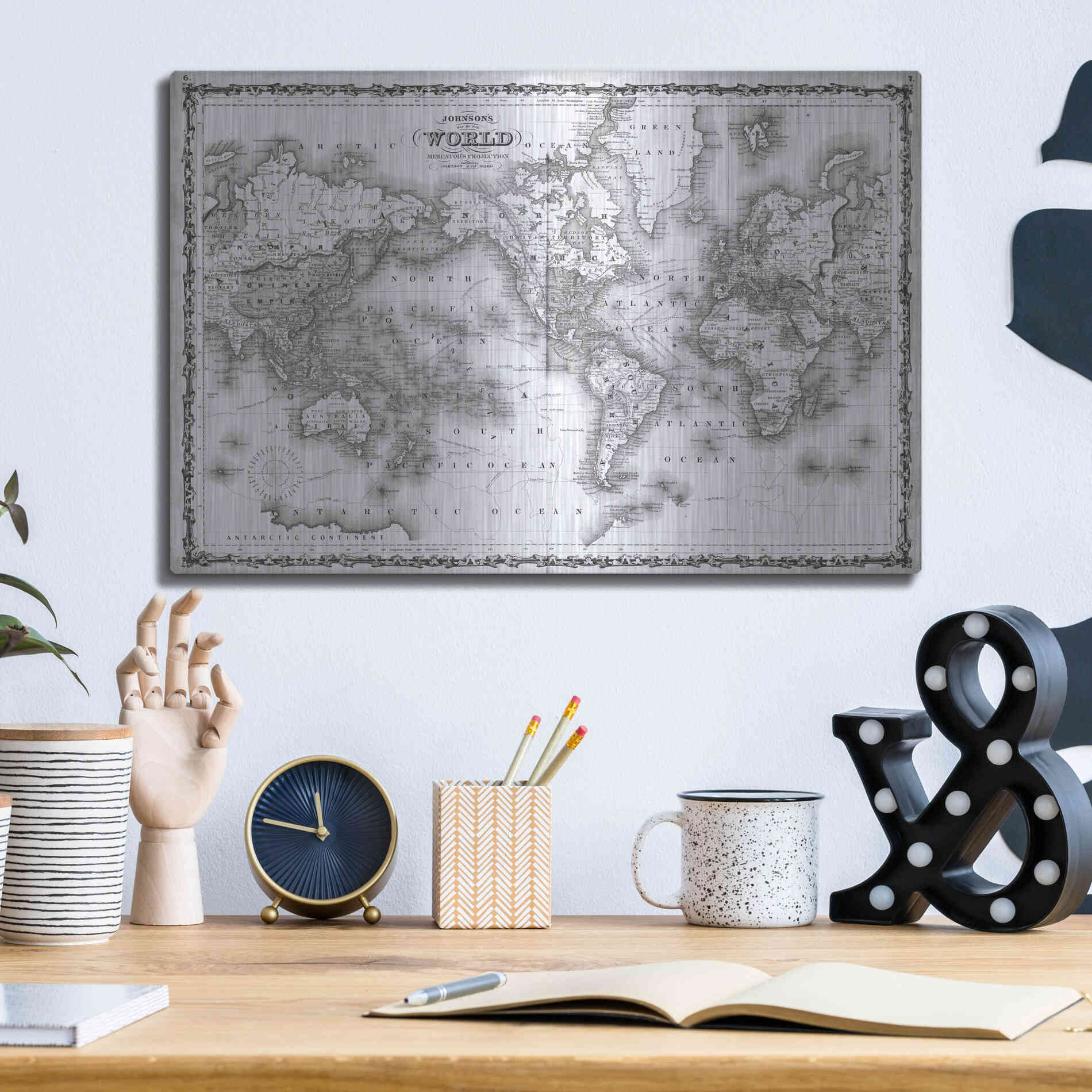Luxe Metal Art 'Johnson's Map of the World' by Johnson, Metal Wall Art,16x12
