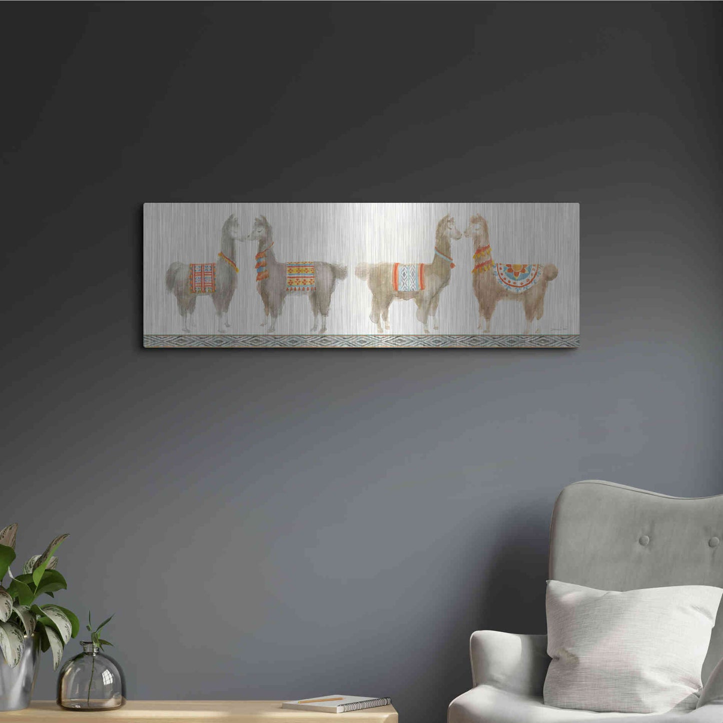 Luxe Metal Art 'Festive Llama V' by Danhui Nai, Metal Wall Art,36x12