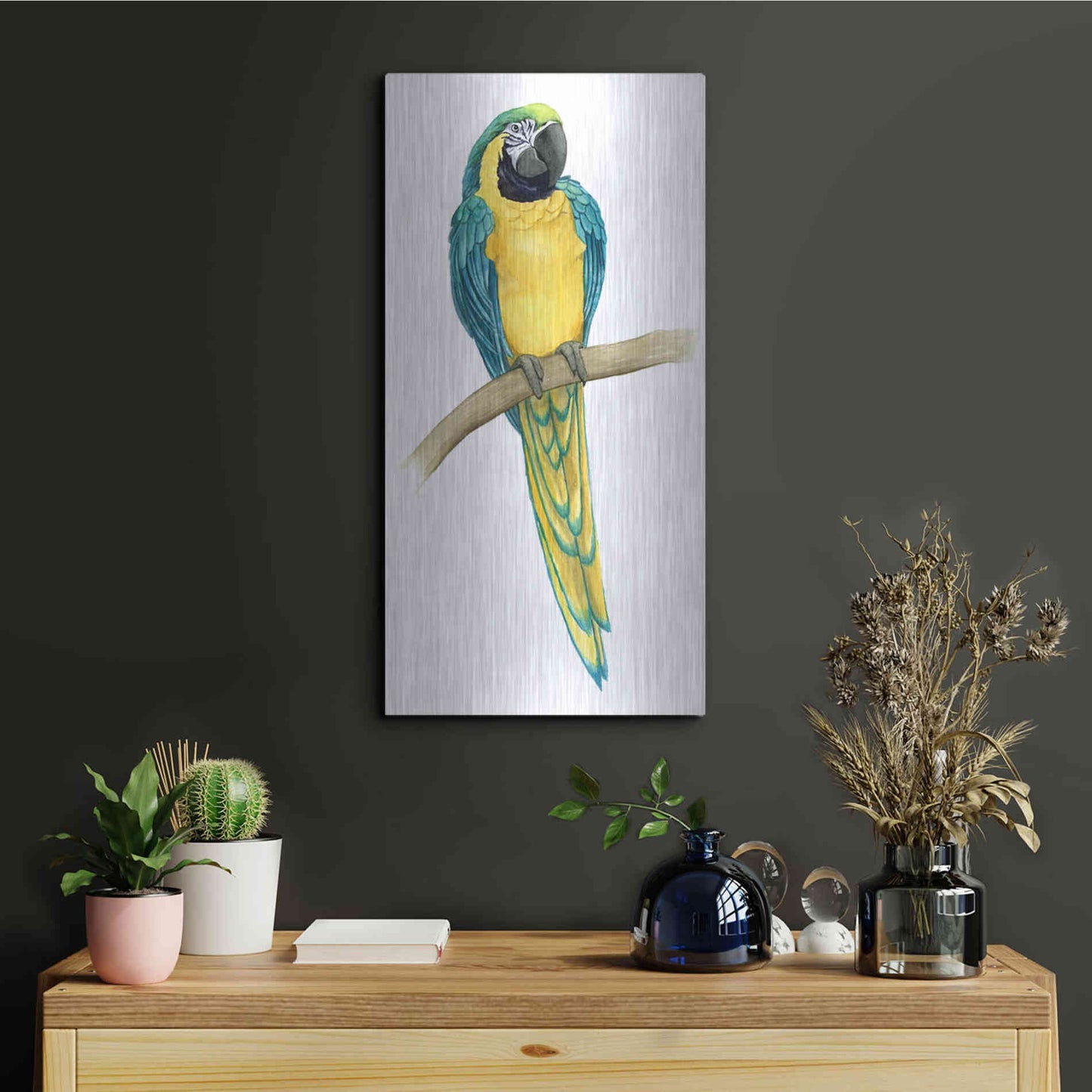 Luxe Metal Art 'Teal Macaw II' by Grace Popp, Metal Wall Art,12x24