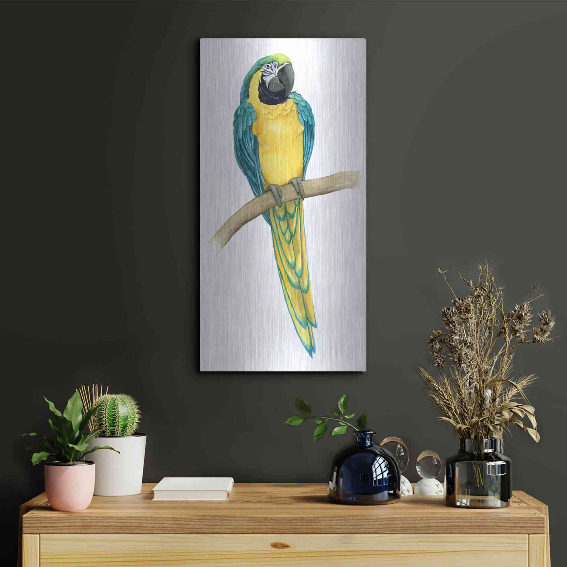 Luxe Metal Art 'Teal Macaw II' by Grace Popp, Metal Wall Art,12x24