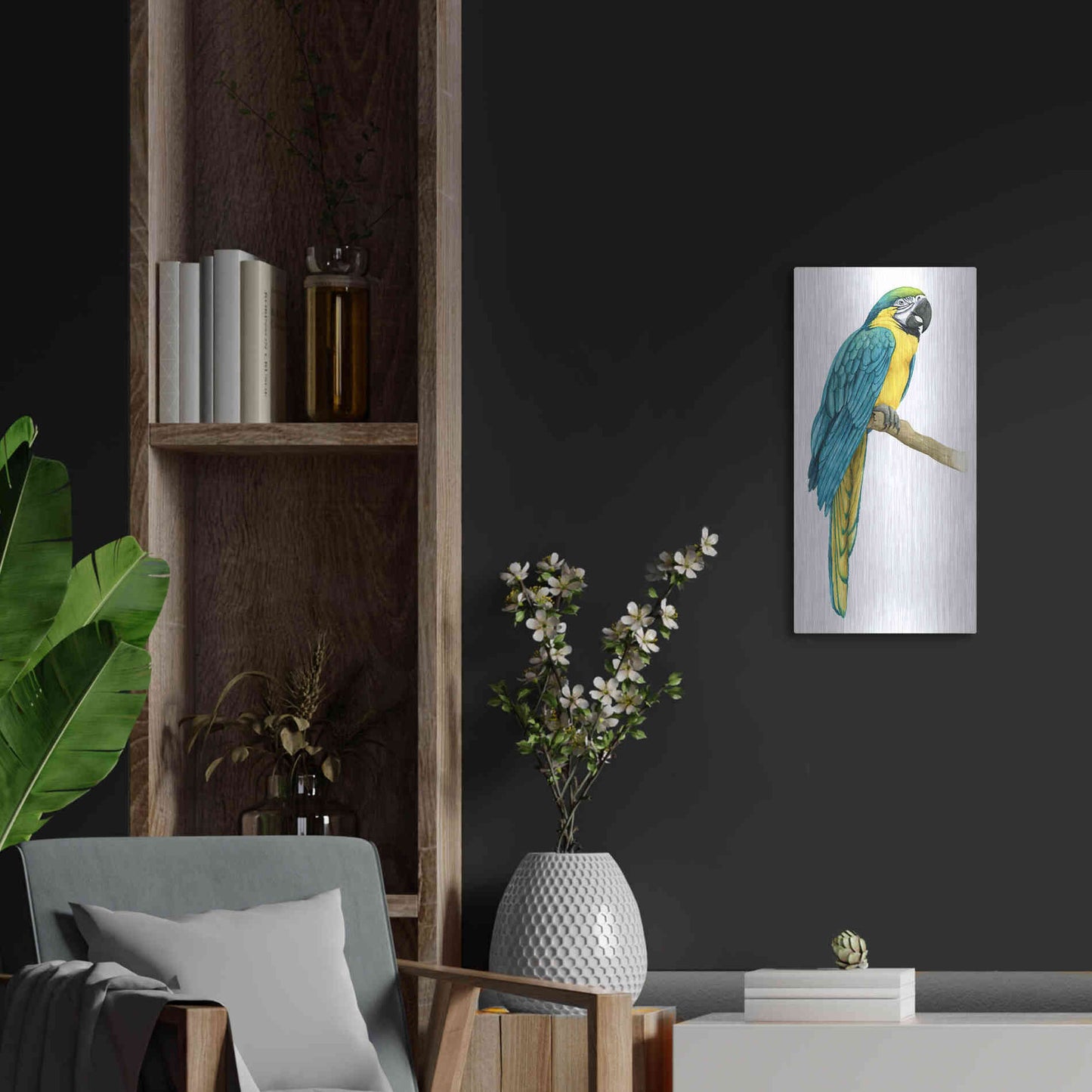 Luxe Metal Art 'Teal Macaw I' by Grace Popp, Metal Wall Art,12x24