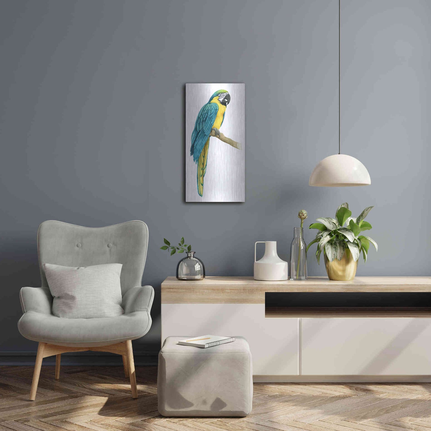 Luxe Metal Art 'Teal Macaw I' by Grace Popp, Metal Wall Art,12x24
