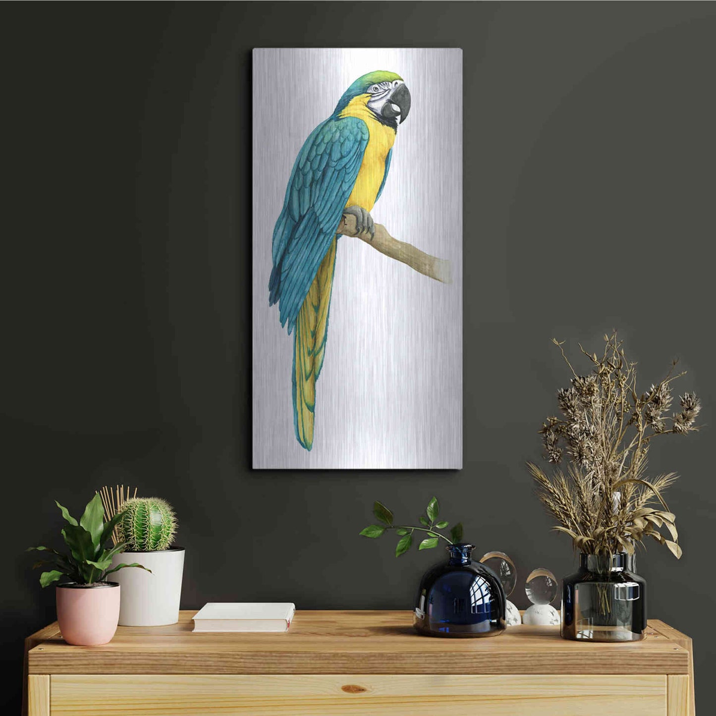 Luxe Metal Art 'Teal Macaw I' by Grace Popp, Metal Wall Art,12x24
