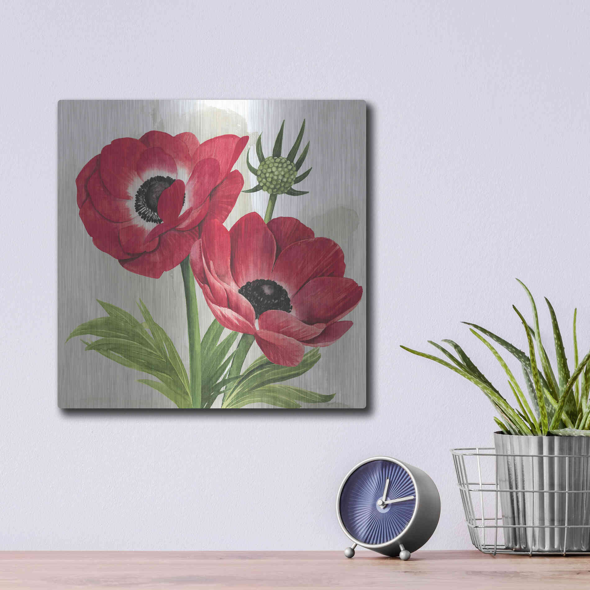 Luxe Metal Art 'Crimson Anemones I' by Grace Popp, Metal Wall Art,12x12