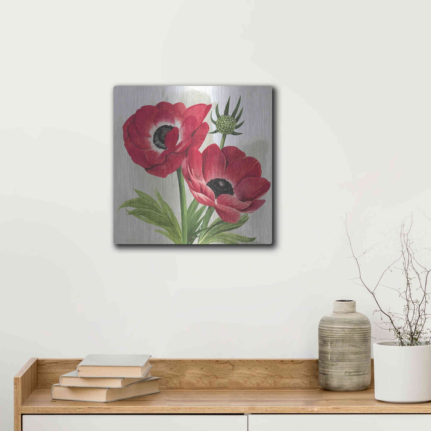 Luxe Metal Art 'Crimson Anemones I' by Grace Popp, Metal Wall Art,12x12