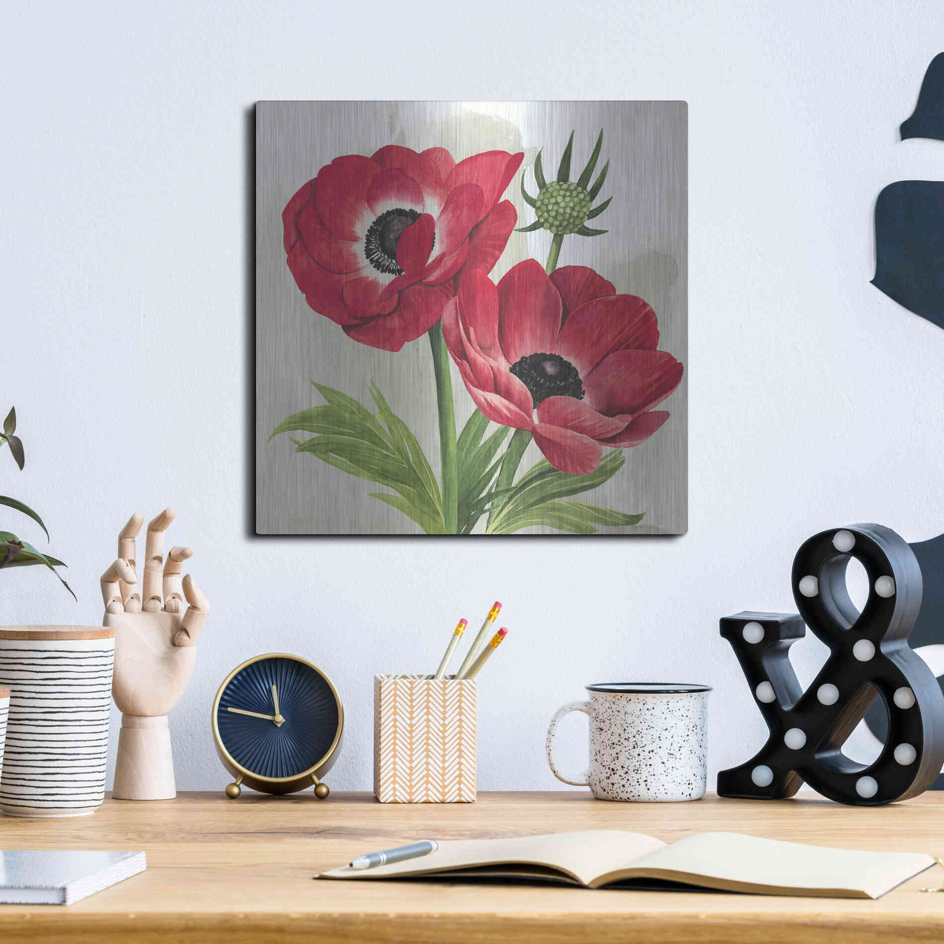 Luxe Metal Art 'Crimson Anemones I' by Grace Popp, Metal Wall Art,12x12