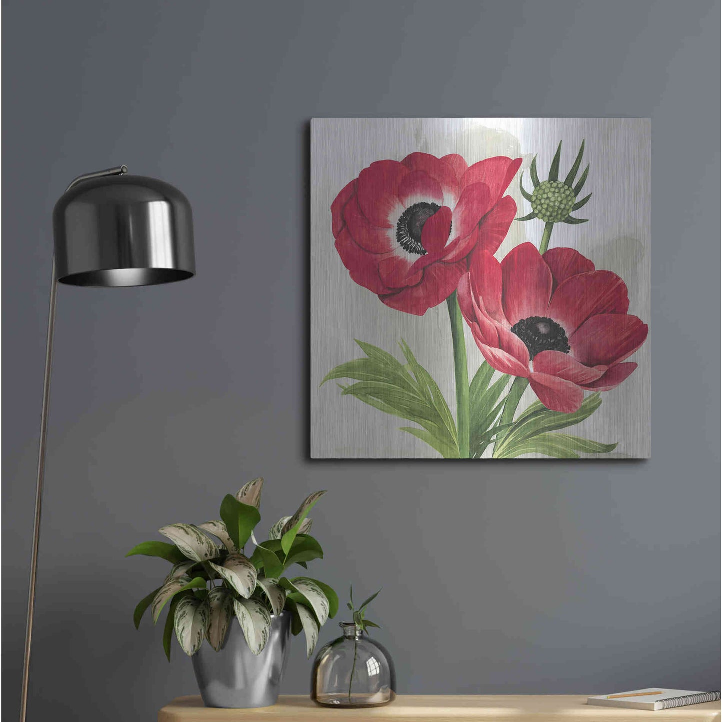 Luxe Metal Art 'Crimson Anemones I' by Grace Popp, Metal Wall Art,24x24