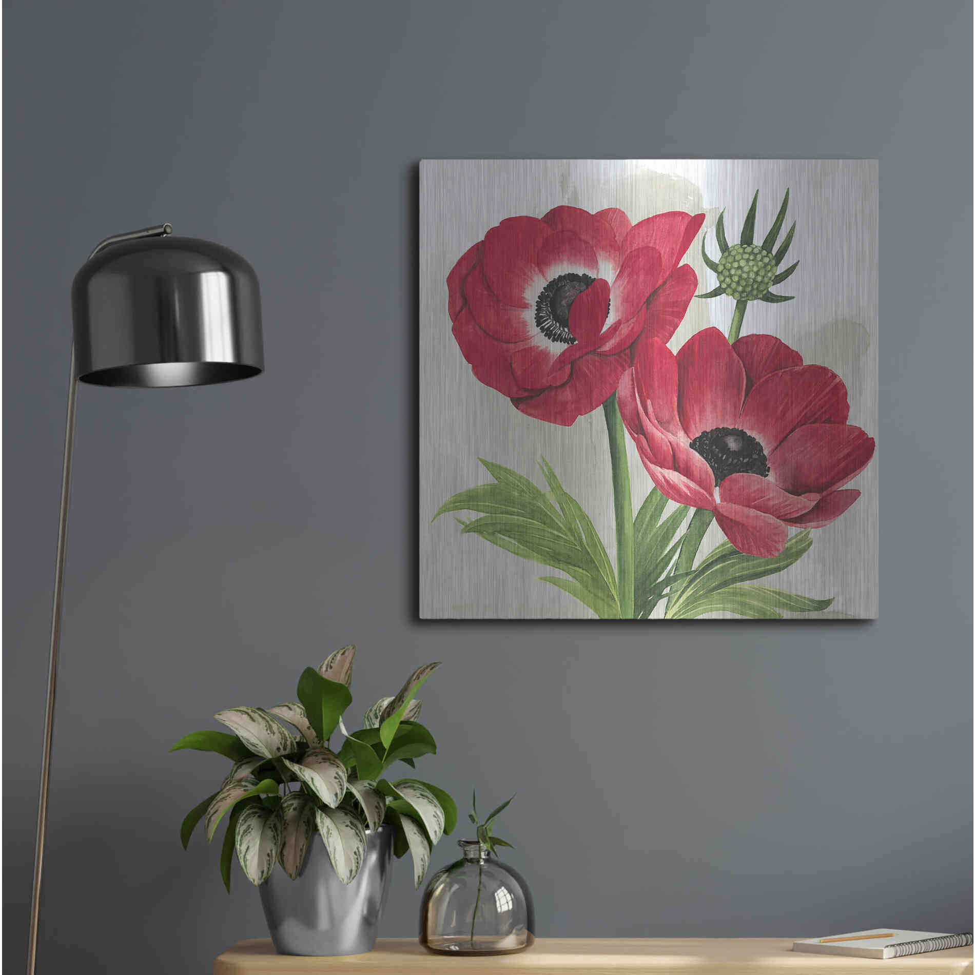 Luxe Metal Art 'Crimson Anemones I' by Grace Popp, Metal Wall Art,24x24