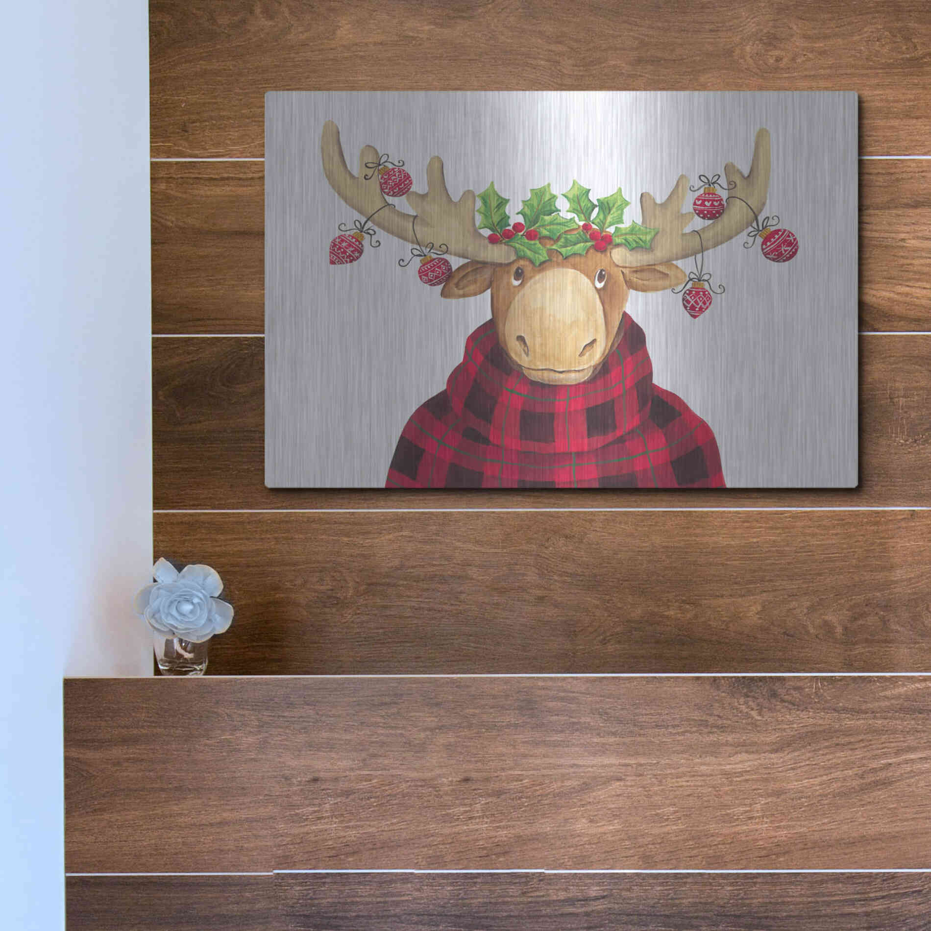 Luxe Metal Art 'Christmas Moose' by Diane Kater, Metal Wall Art,16x12