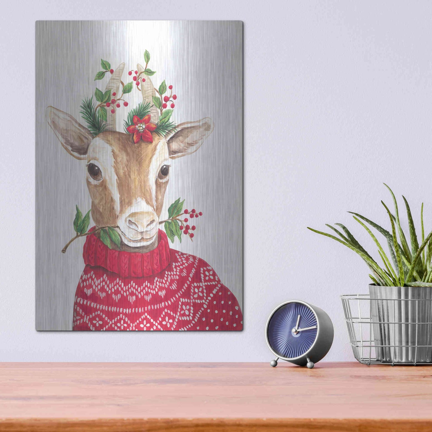 Luxe Metal Art 'Christmas Goat' by Diane Kater, Metal Wall Art,12x16