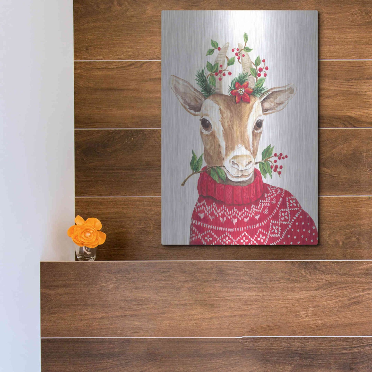 Luxe Metal Art 'Christmas Goat' by Diane Kater, Metal Wall Art,12x16