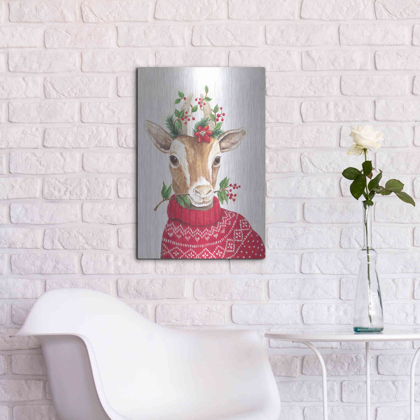 Luxe Metal Art 'Christmas Goat' by Diane Kater, Metal Wall Art,16x24