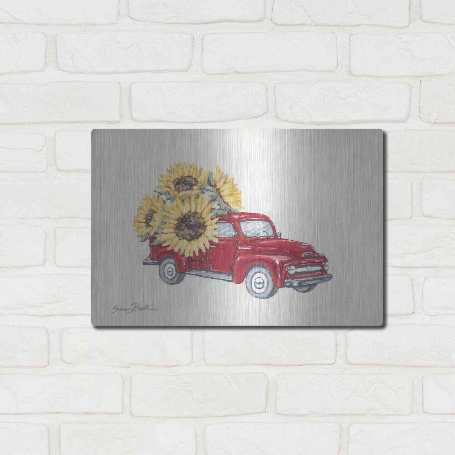 Luxe Metal Art 'Sunflower Farm Truck' by Sara Baker, Metal Wall Art,16x12