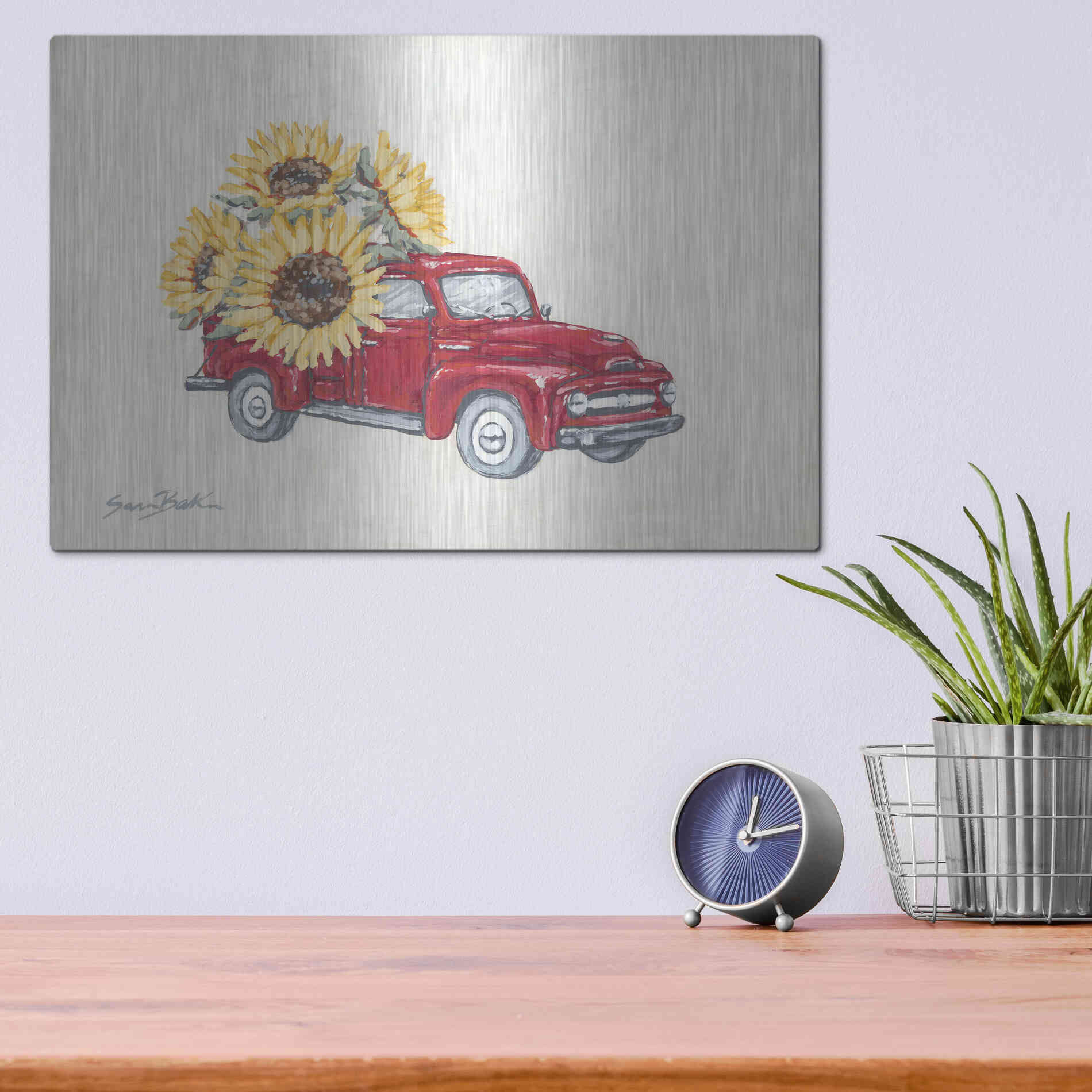 Luxe Metal Art 'Sunflower Farm Truck' by Sara Baker, Metal Wall Art,16x12