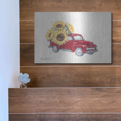 Luxe Metal Art 'Sunflower Farm Truck' by Sara Baker, Metal Wall Art,16x12