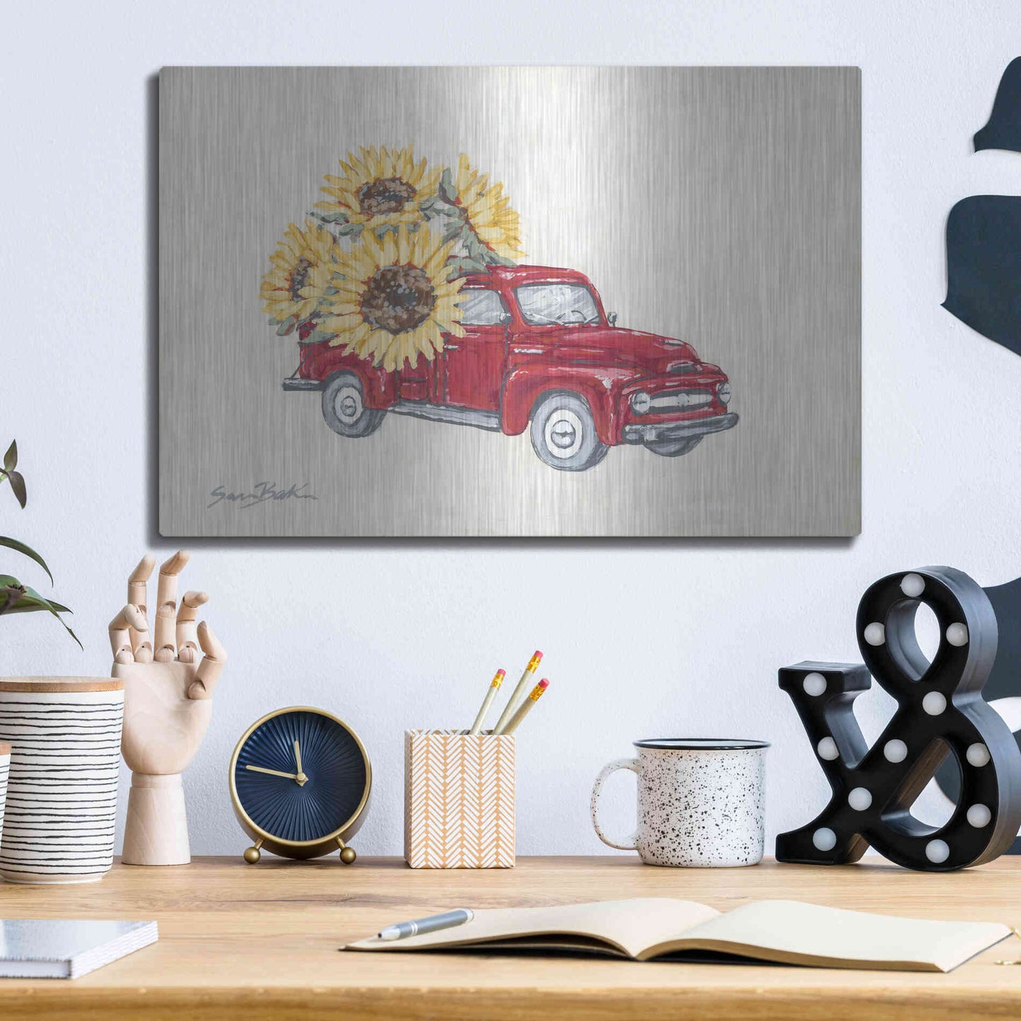 Luxe Metal Art 'Sunflower Farm Truck' by Sara Baker, Metal Wall Art,16x12