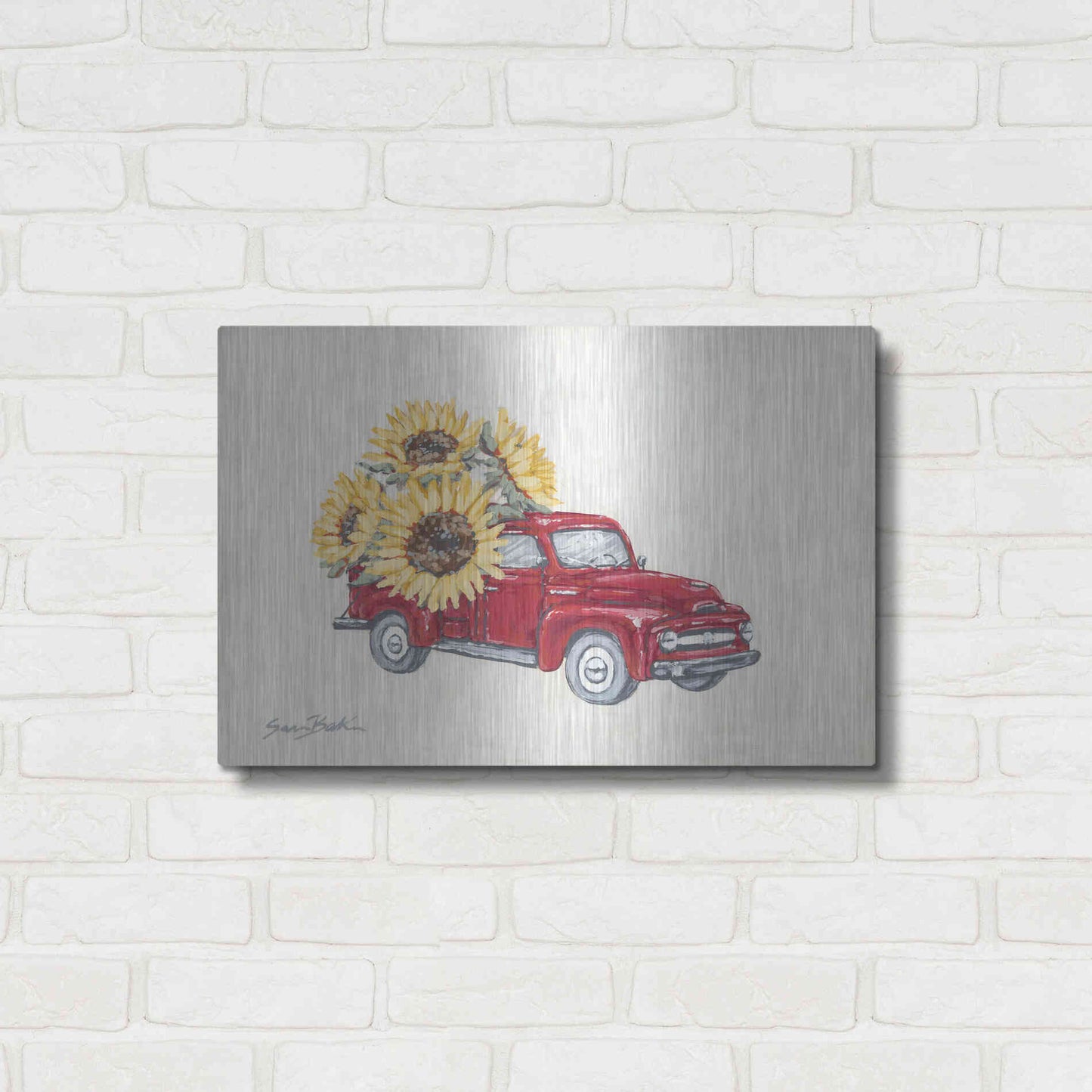 Luxe Metal Art 'Sunflower Farm Truck' by Sara Baker, Metal Wall Art,24x16