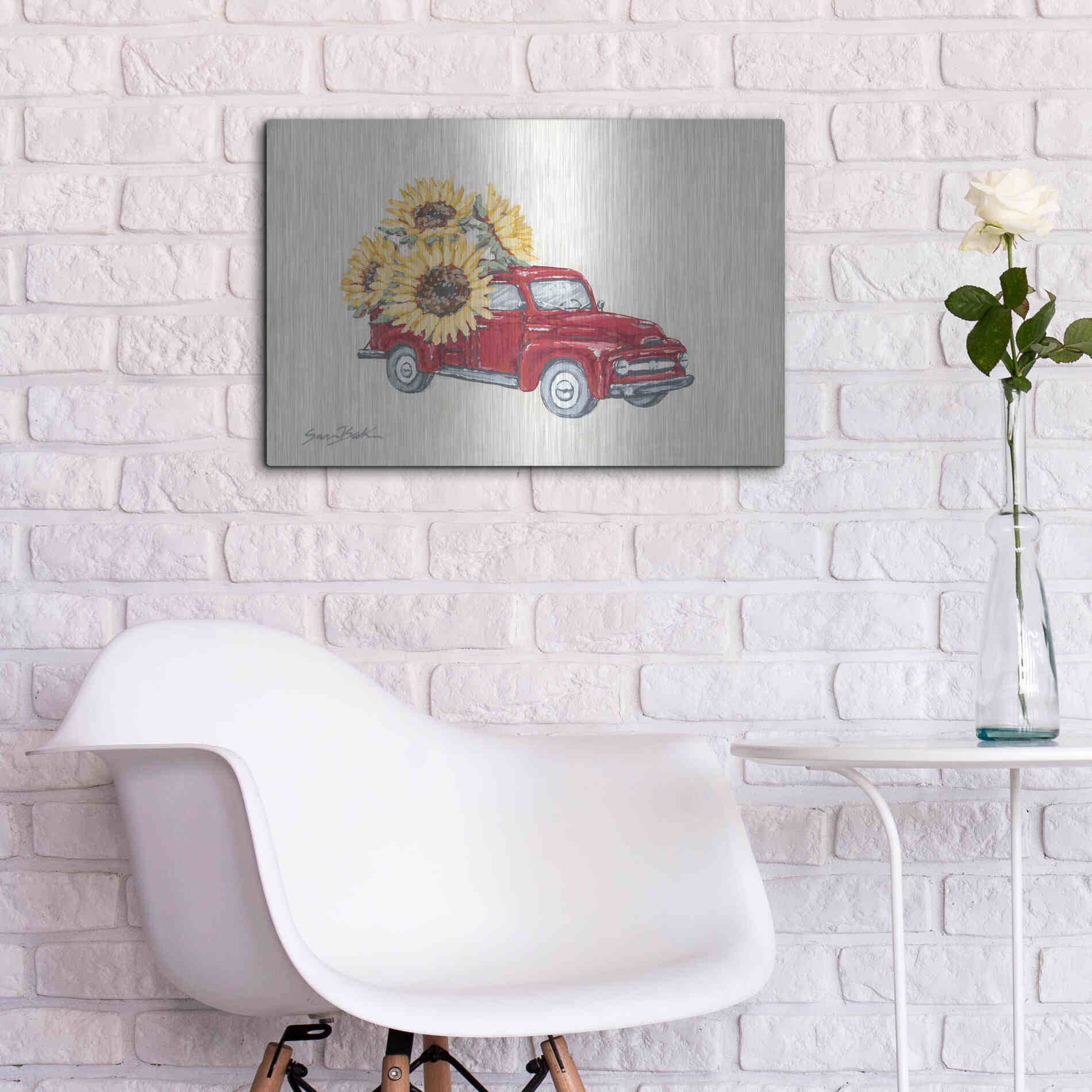 Luxe Metal Art 'Sunflower Farm Truck' by Sara Baker, Metal Wall Art,24x16