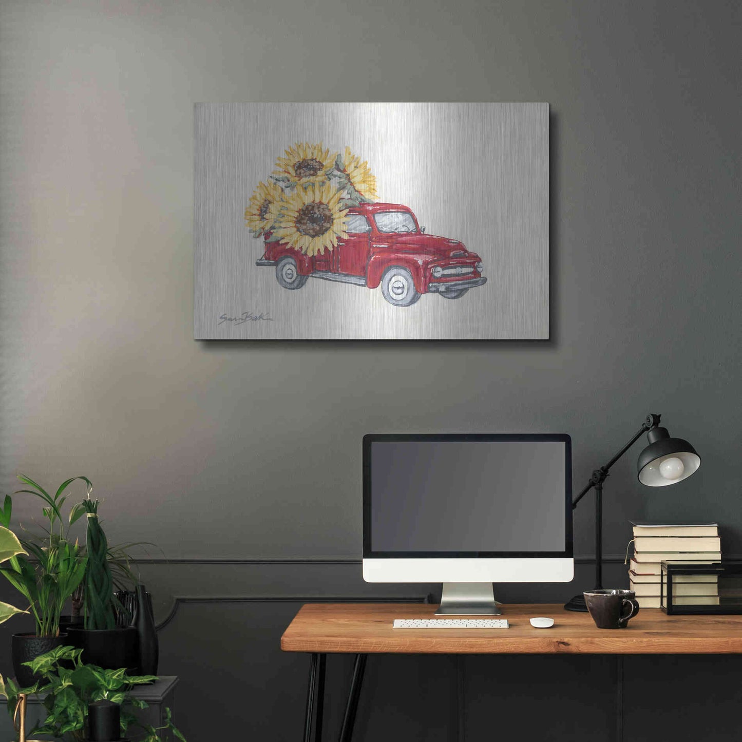 Luxe Metal Art 'Sunflower Farm Truck' by Sara Baker, Metal Wall Art,36x24