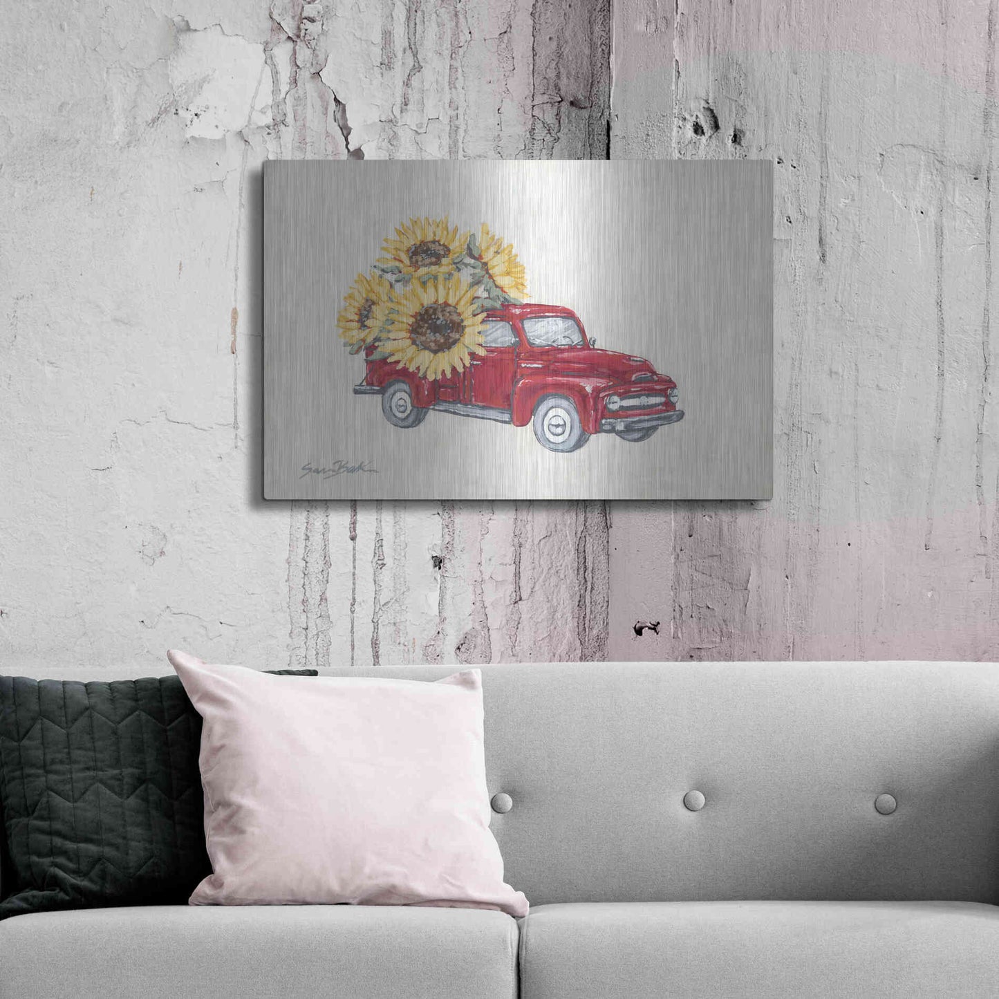 Luxe Metal Art 'Sunflower Farm Truck' by Sara Baker, Metal Wall Art,36x24