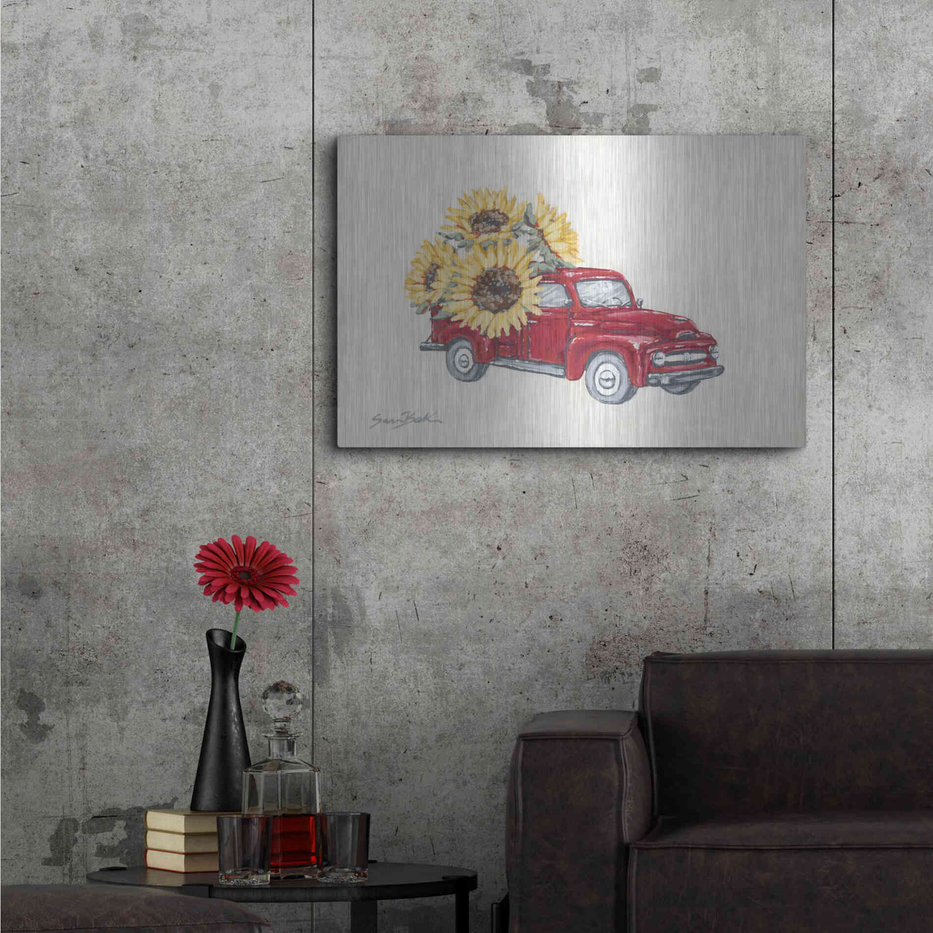 Luxe Metal Art 'Sunflower Farm Truck' by Sara Baker, Metal Wall Art,36x24