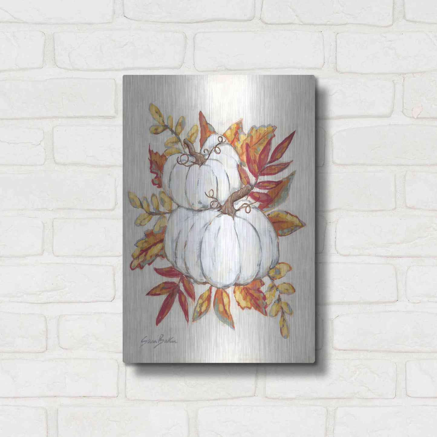 Luxe Metal Art 'White Pumpkin Fall Foliage' by Sara Baker, Metal Wall Art,12x16