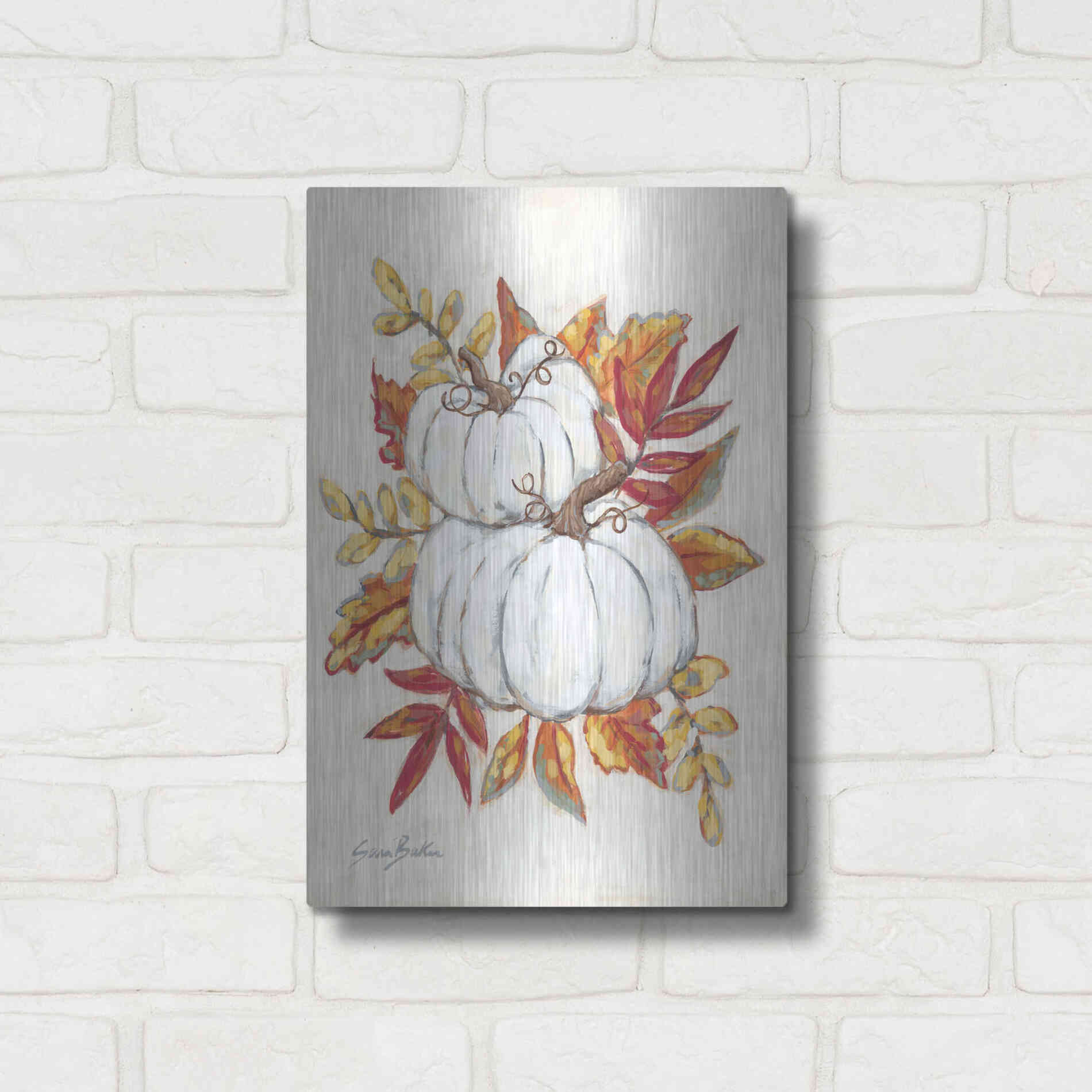 Luxe Metal Art 'White Pumpkin Fall Foliage' by Sara Baker, Metal Wall Art,12x16