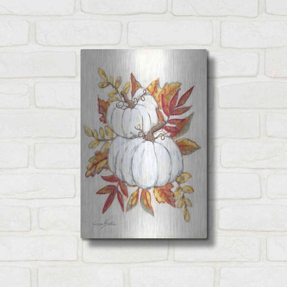 Luxe Metal Art 'White Pumpkin Fall Foliage' by Sara Baker, Metal Wall Art,12x16