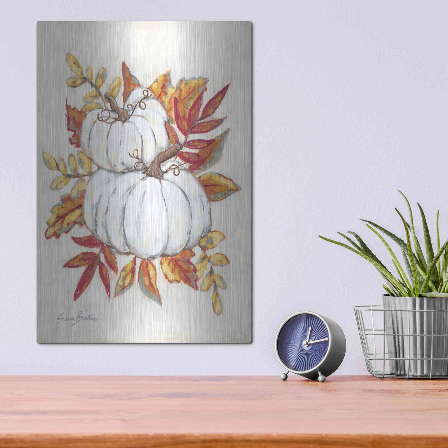 Luxe Metal Art 'White Pumpkin Fall Foliage' by Sara Baker, Metal Wall Art,12x16