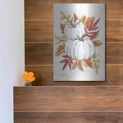 Luxe Metal Art 'White Pumpkin Fall Foliage' by Sara Baker, Metal Wall Art,12x16