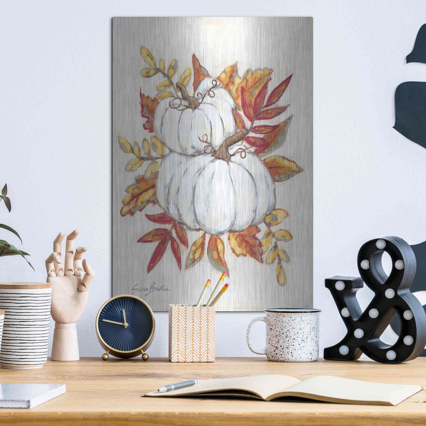 Luxe Metal Art 'White Pumpkin Fall Foliage' by Sara Baker, Metal Wall Art,12x16
