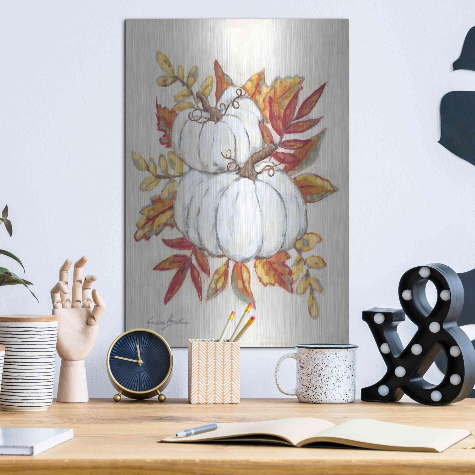 Luxe Metal Art 'White Pumpkin Fall Foliage' by Sara Baker, Metal Wall Art,12x16