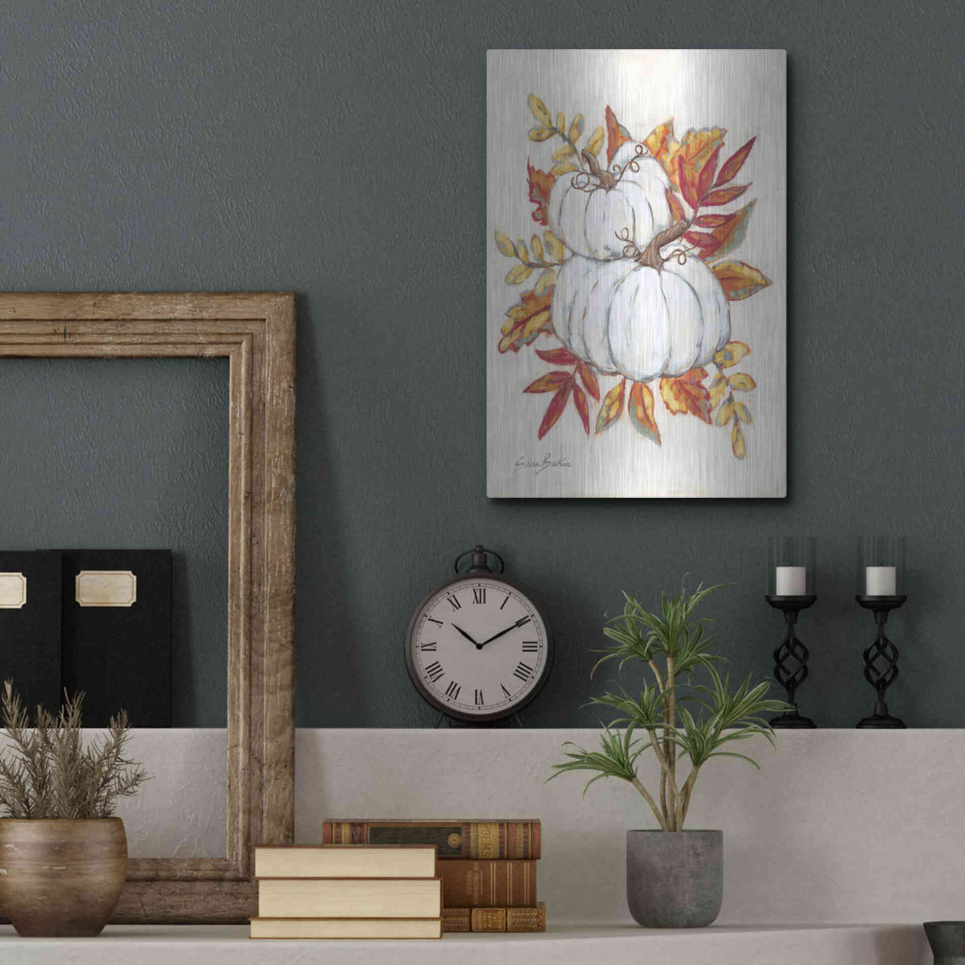 Luxe Metal Art 'White Pumpkin Fall Foliage' by Sara Baker, Metal Wall Art,12x16